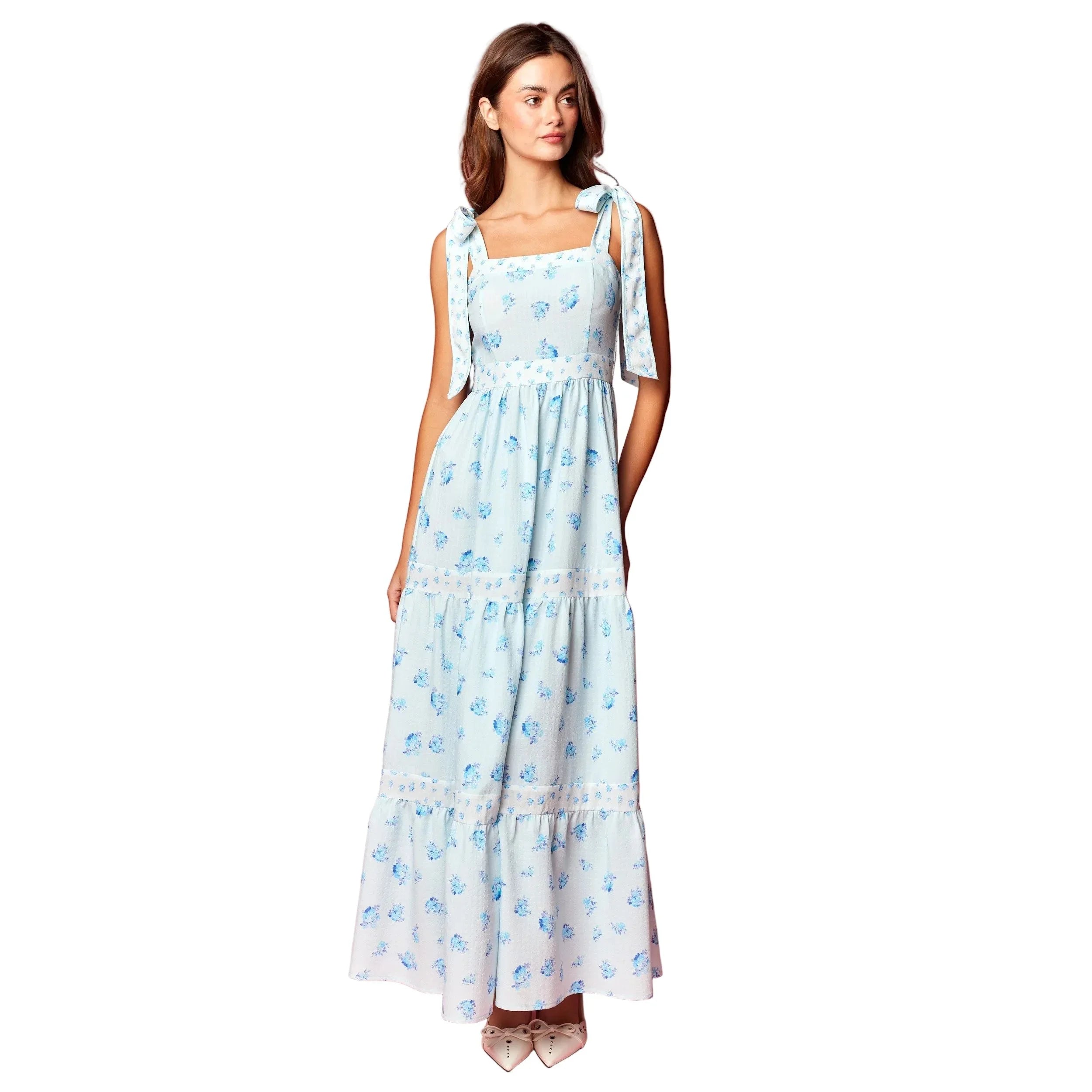 Women's Blue and White Floral Print Tie Strap Maxi Dress R30772D
