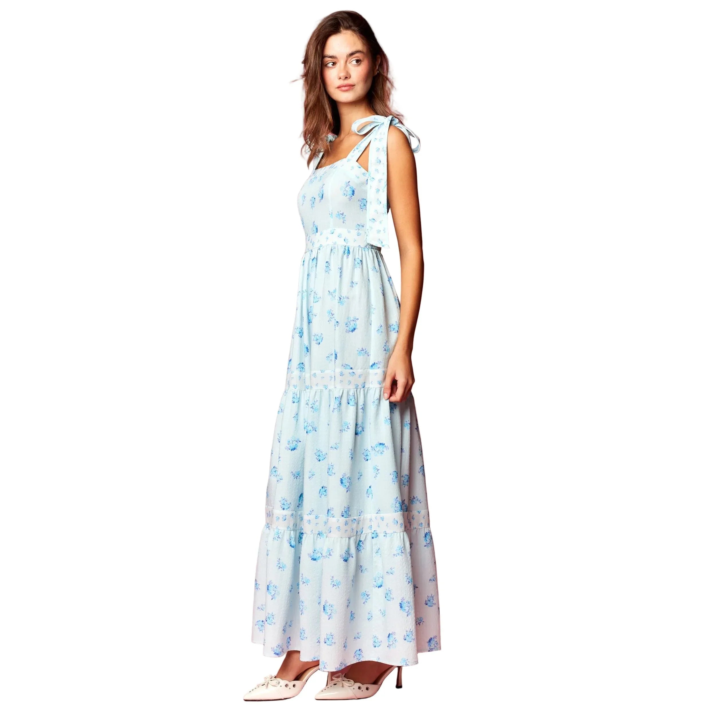 Women's Blue and White Floral Print Tie Strap Maxi Dress R30772D