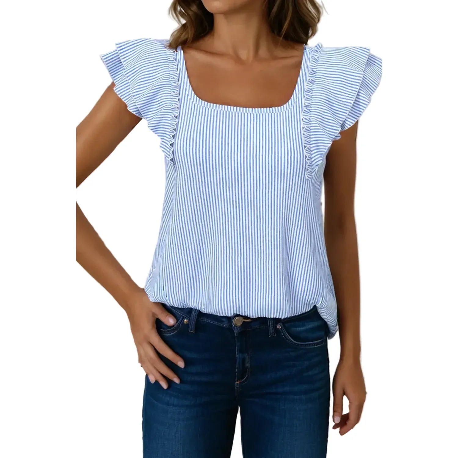 Women's Blue and White Square Neck Bow Frilly Ruffle Short Sleeve Blouse