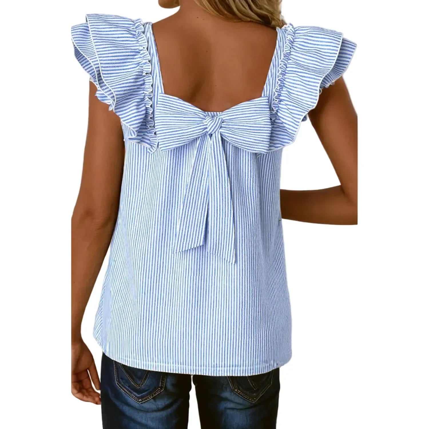 Women's Blue and White Square Neck Bow Frilly Ruffle Short Sleeve Blouse