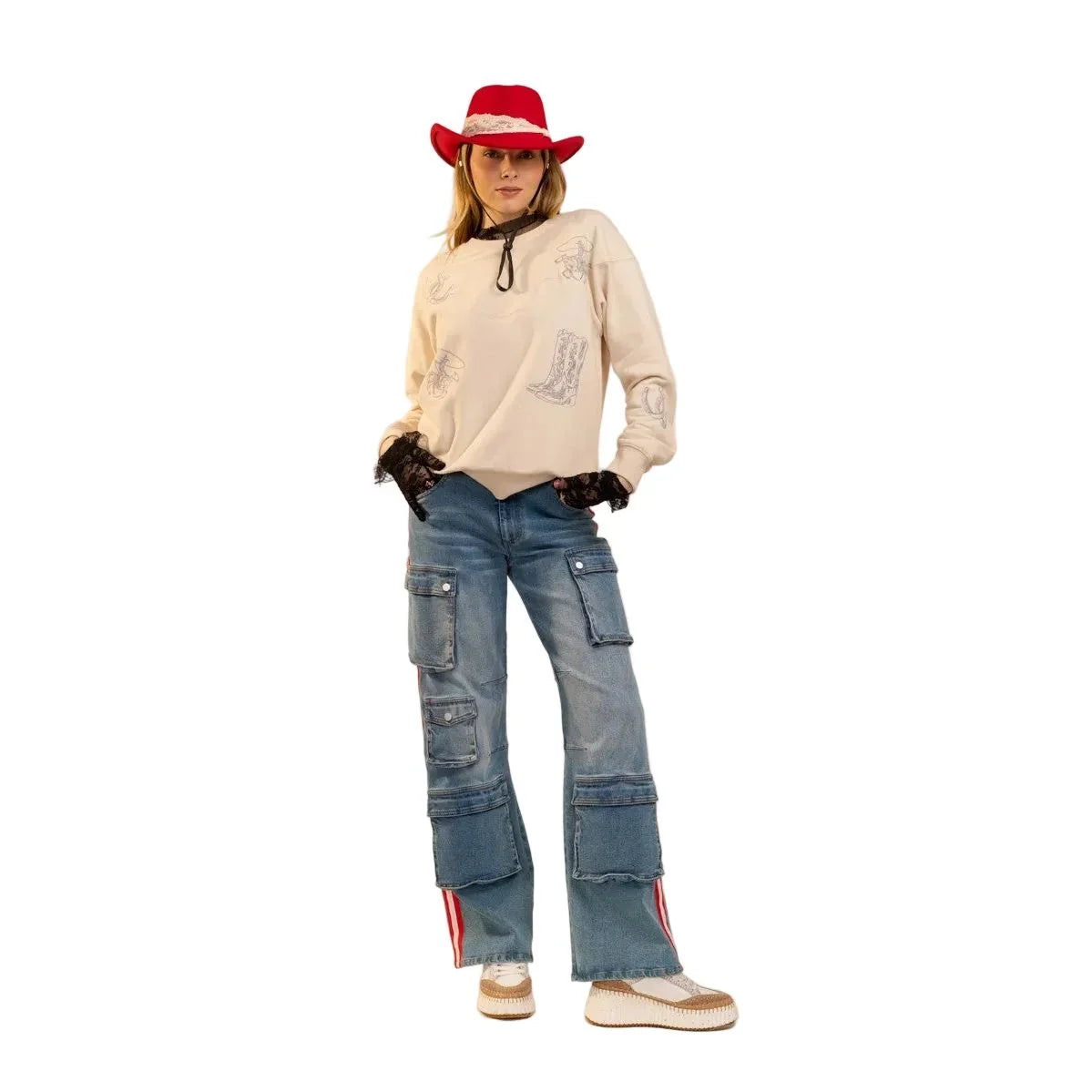 Women's Blue B Beige Western Yoke Cowboy Boots Sweatshirt 37773T