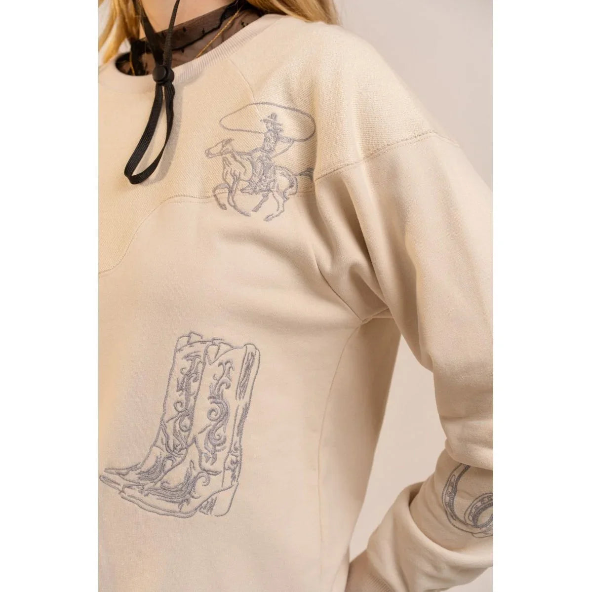 Women's Blue B Beige Western Yoke Cowboy Boots Sweatshirt 37773T