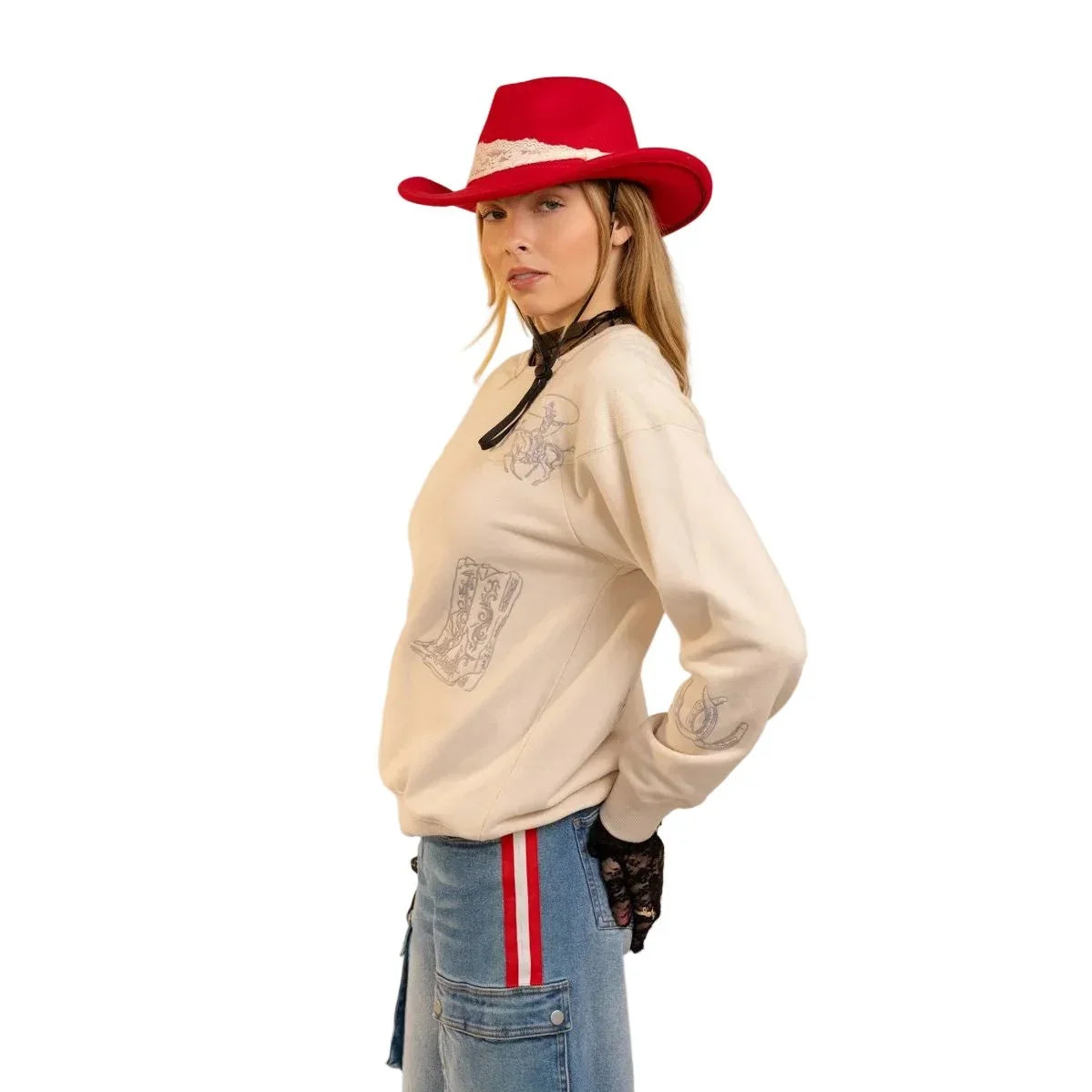Women's Blue B Beige Western Yoke Cowboy Boots Sweatshirt 37773T