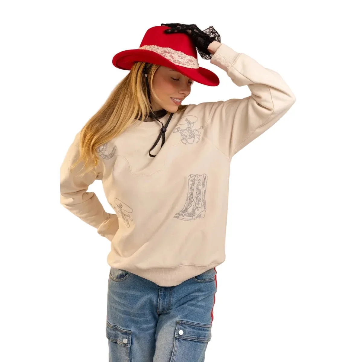 Women's Blue B Beige Western Yoke Cowboy Boots Sweatshirt 37773T