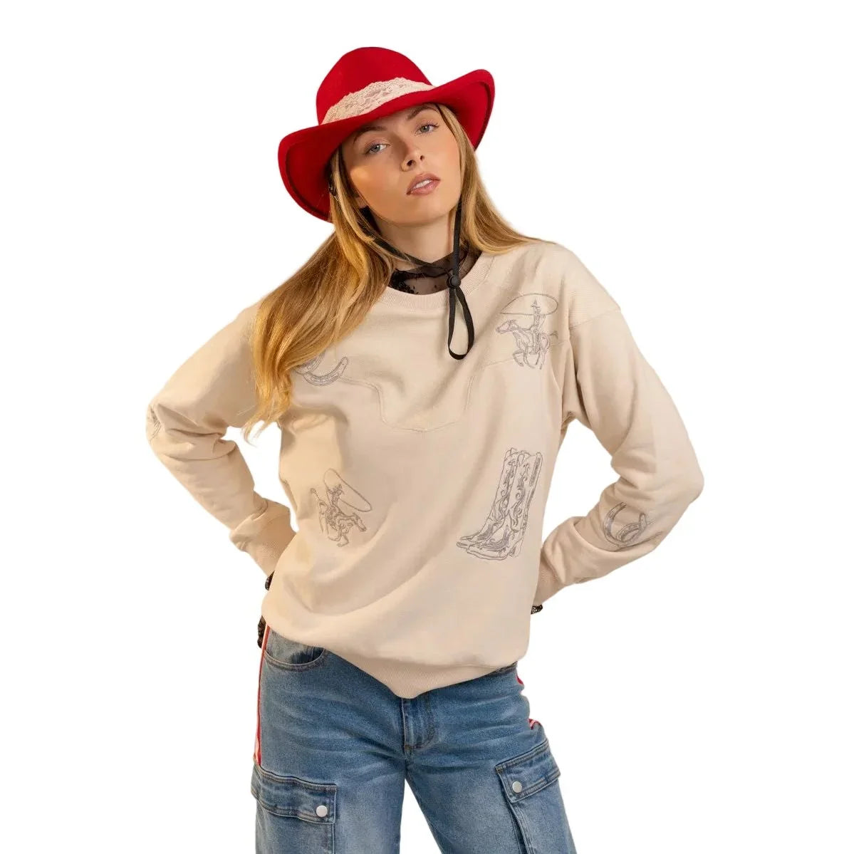 Women's Blue B Beige Western Yoke Cowboy Boots Sweatshirt 37773T