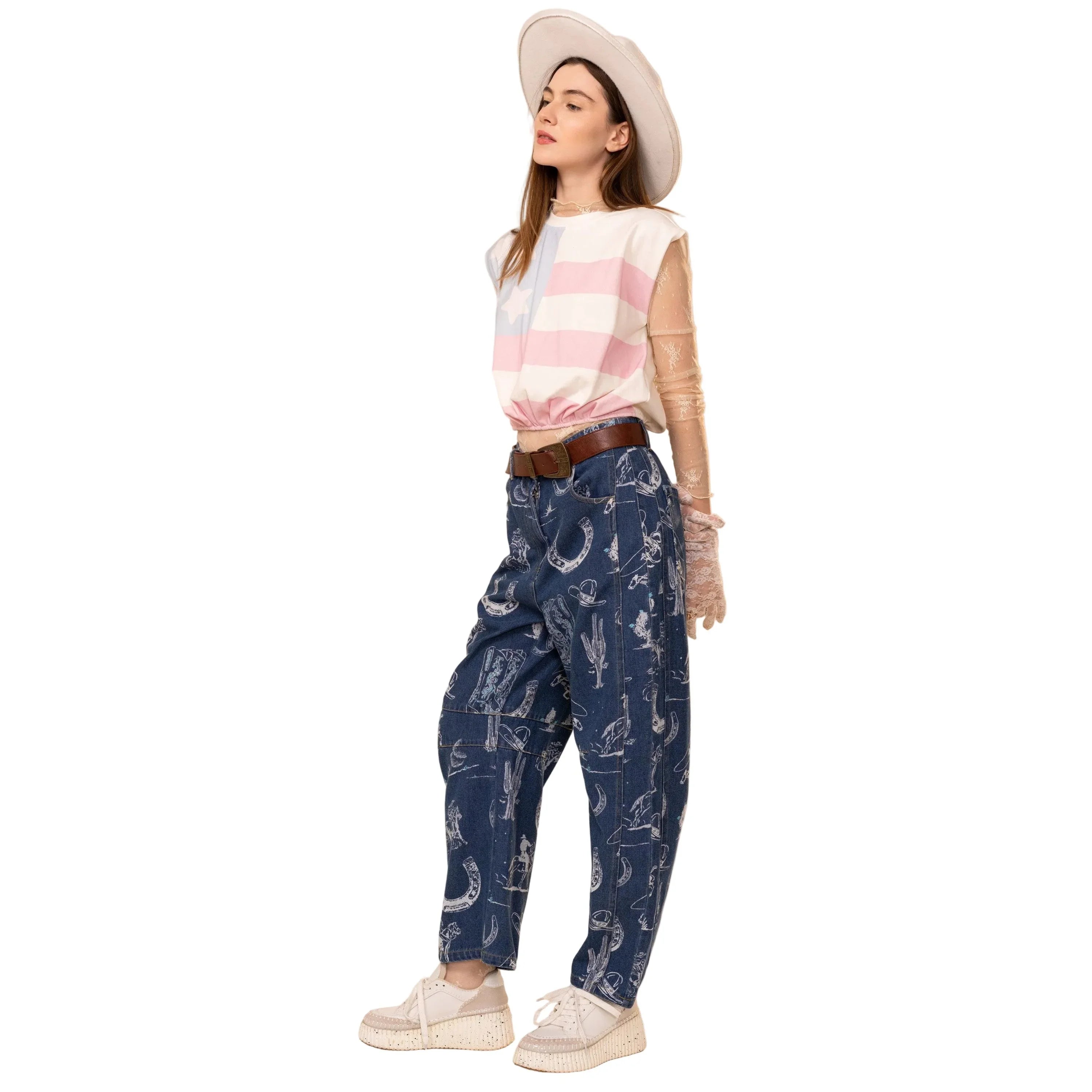 Women's Blue B Garment Washed Western Barrel Jeans 37963P