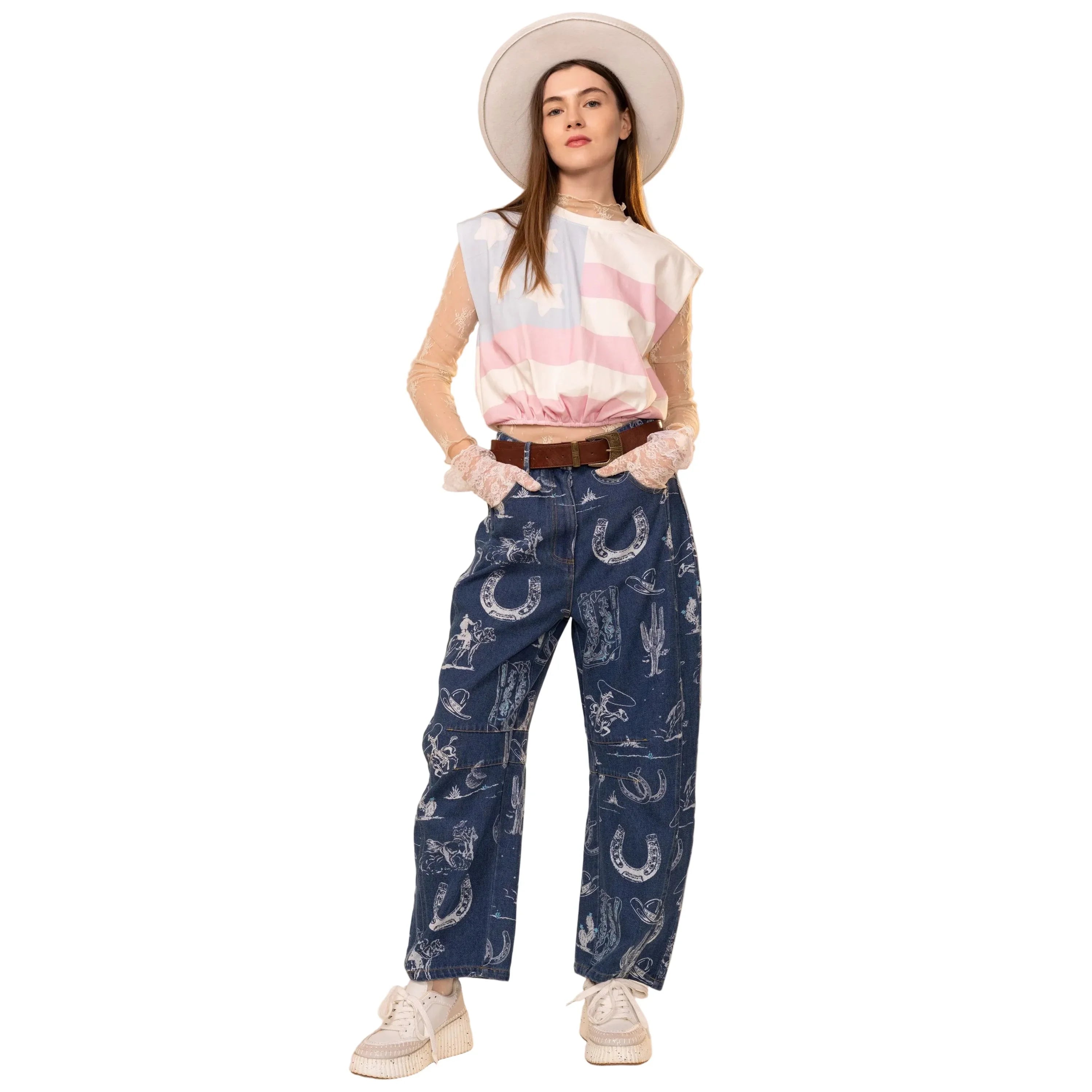 Women's Blue B Garment Washed Western Barrel Jeans 37963P