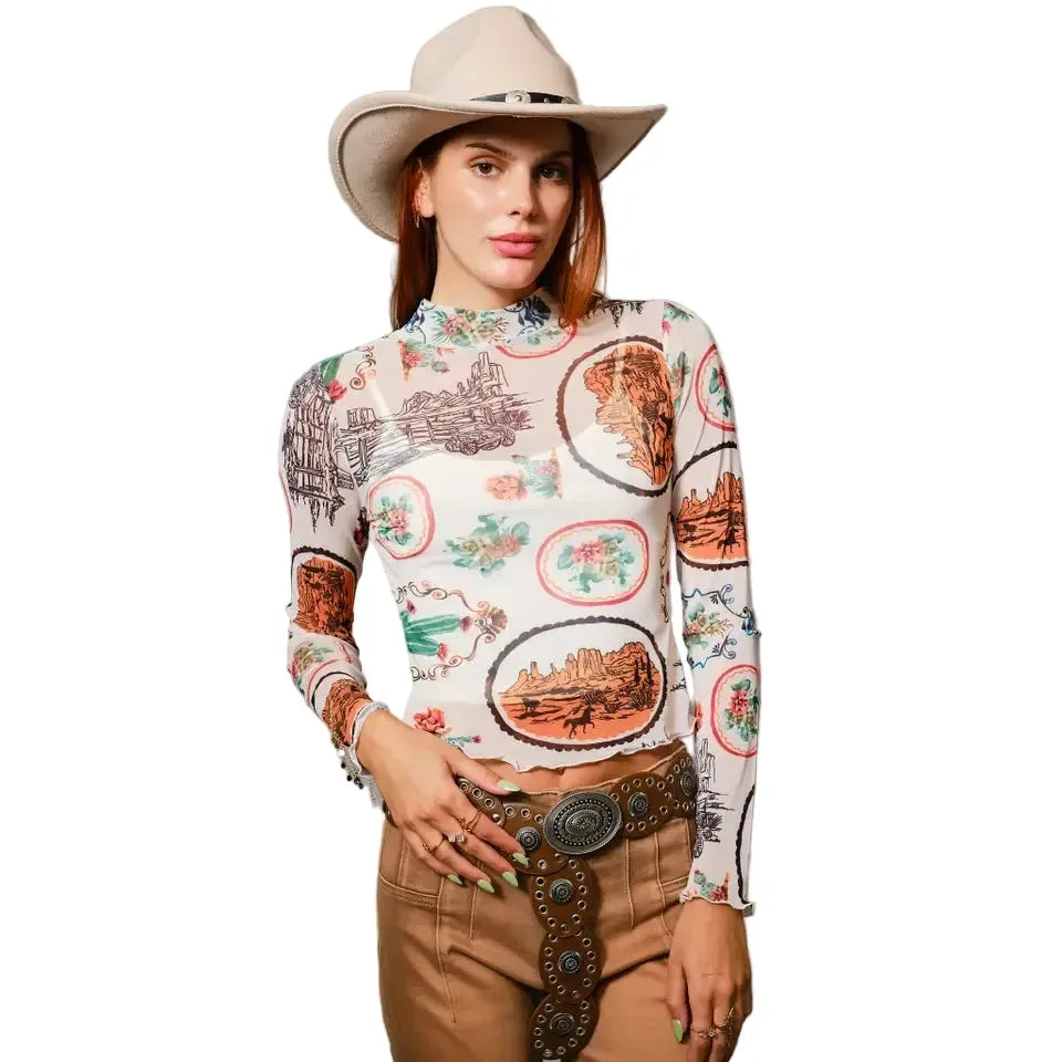 Women's Blue B Western Motif Mesh Mock Neck Long Sleeve Top 33147T