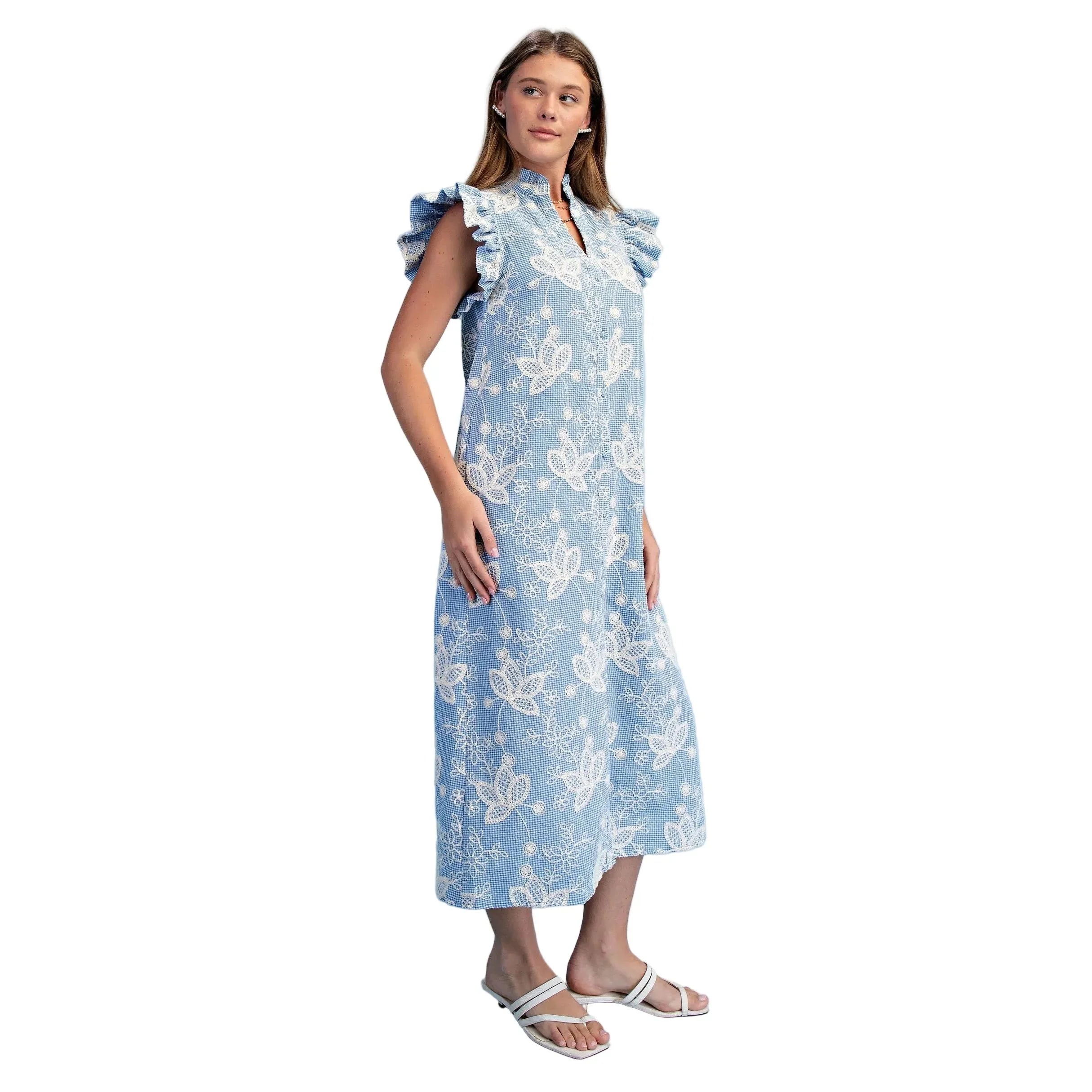 Women's Blue Floral Embroidered Gingham Print Midi Dress TE1768