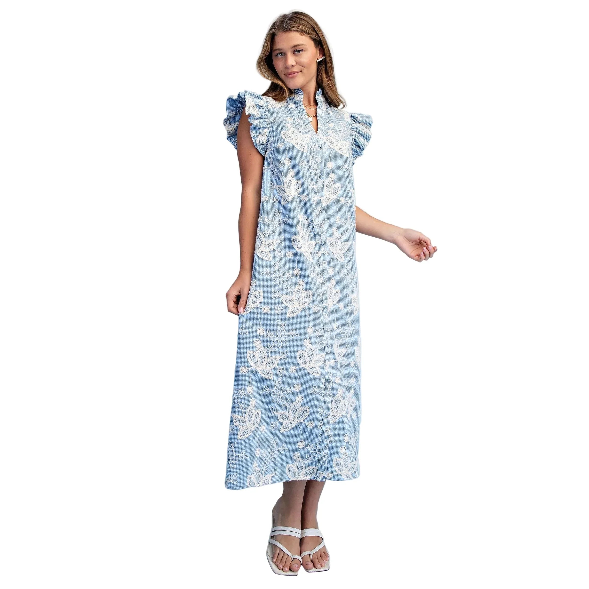 Women's Blue Floral Embroidered Gingham Print Midi Dress TE1768