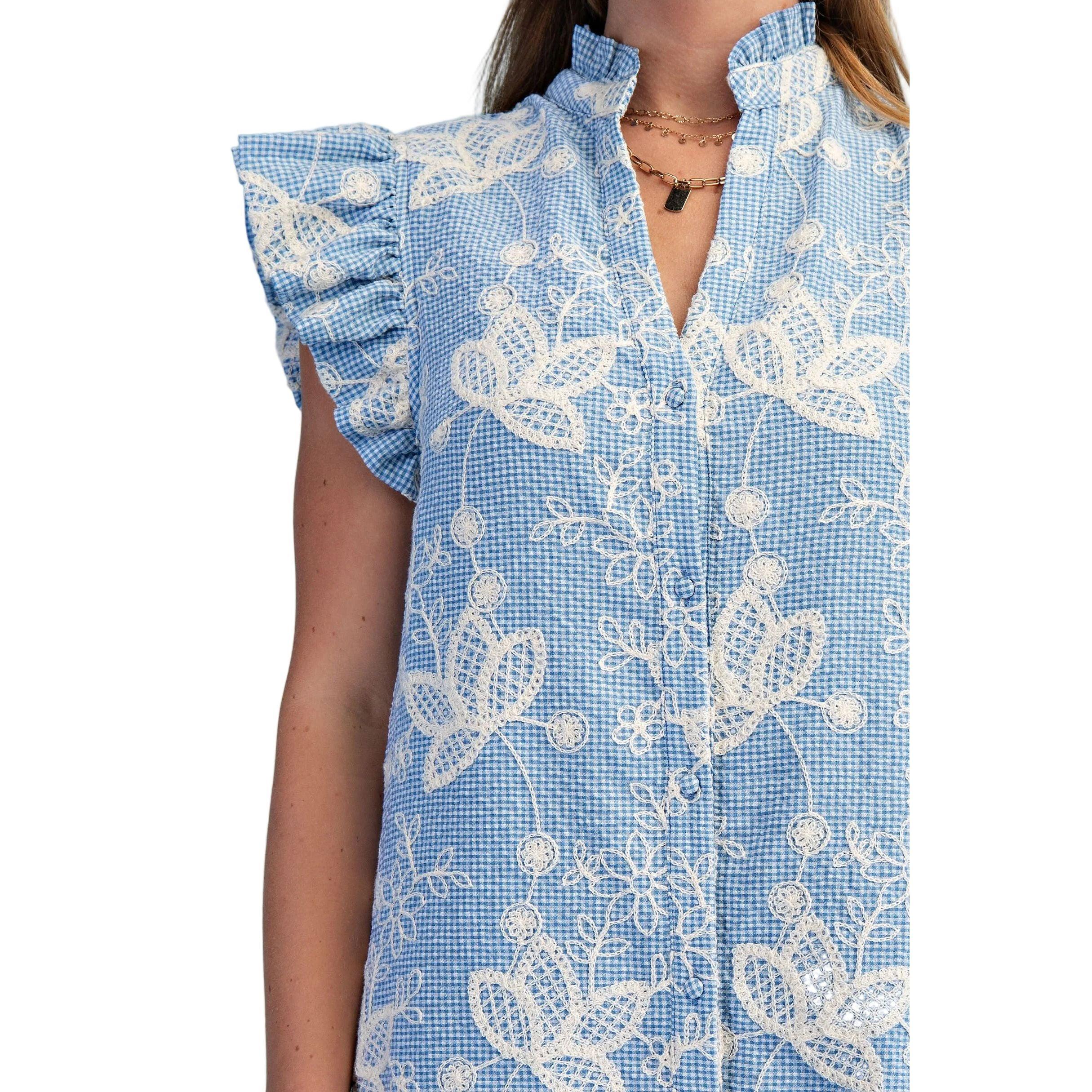 Women's Blue Floral Embroidered Gingham Print Midi Dress TE1768