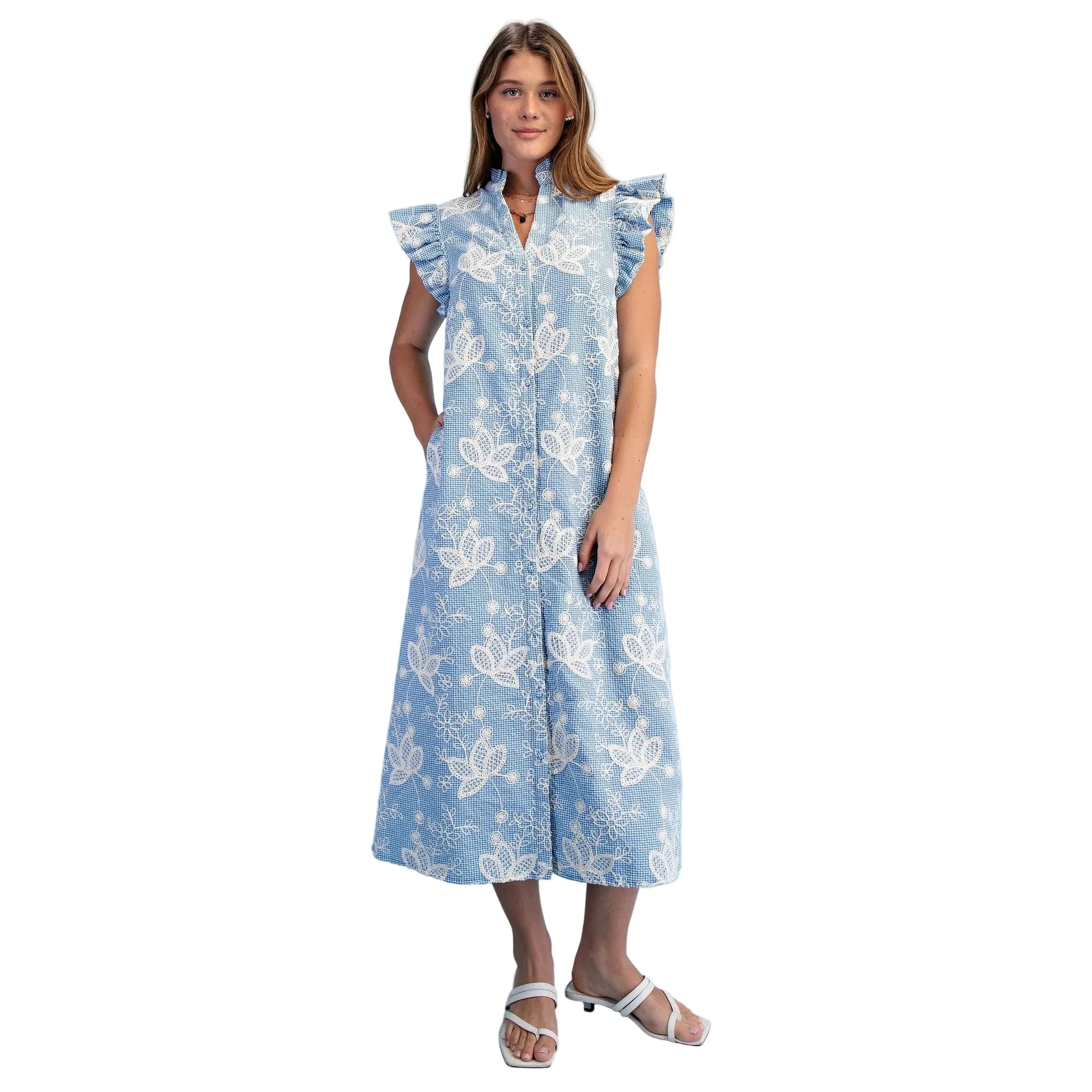 Women's Blue Floral Embroidered Gingham Print Midi Dress TE1768