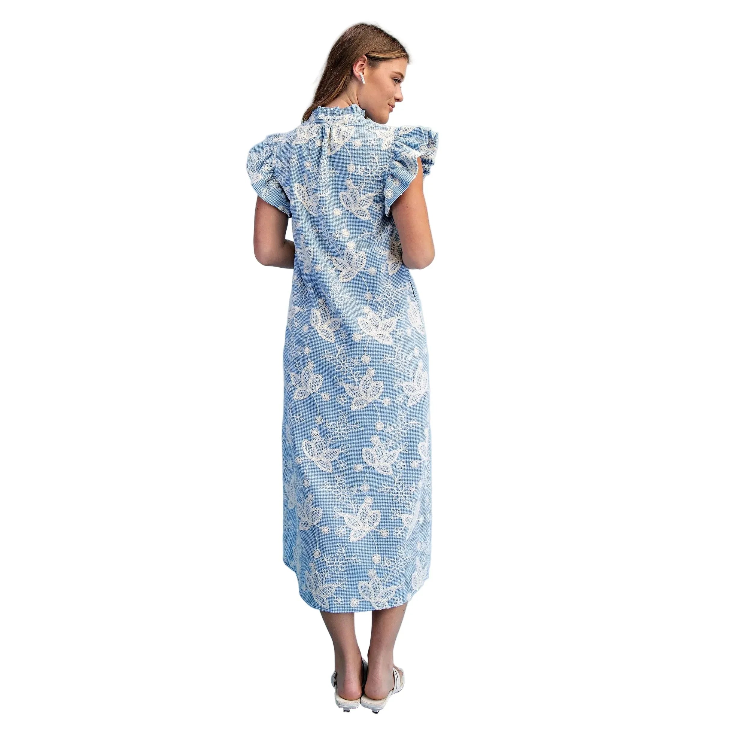 Women's Blue Floral Embroidered Gingham Print Midi Dress TE1768