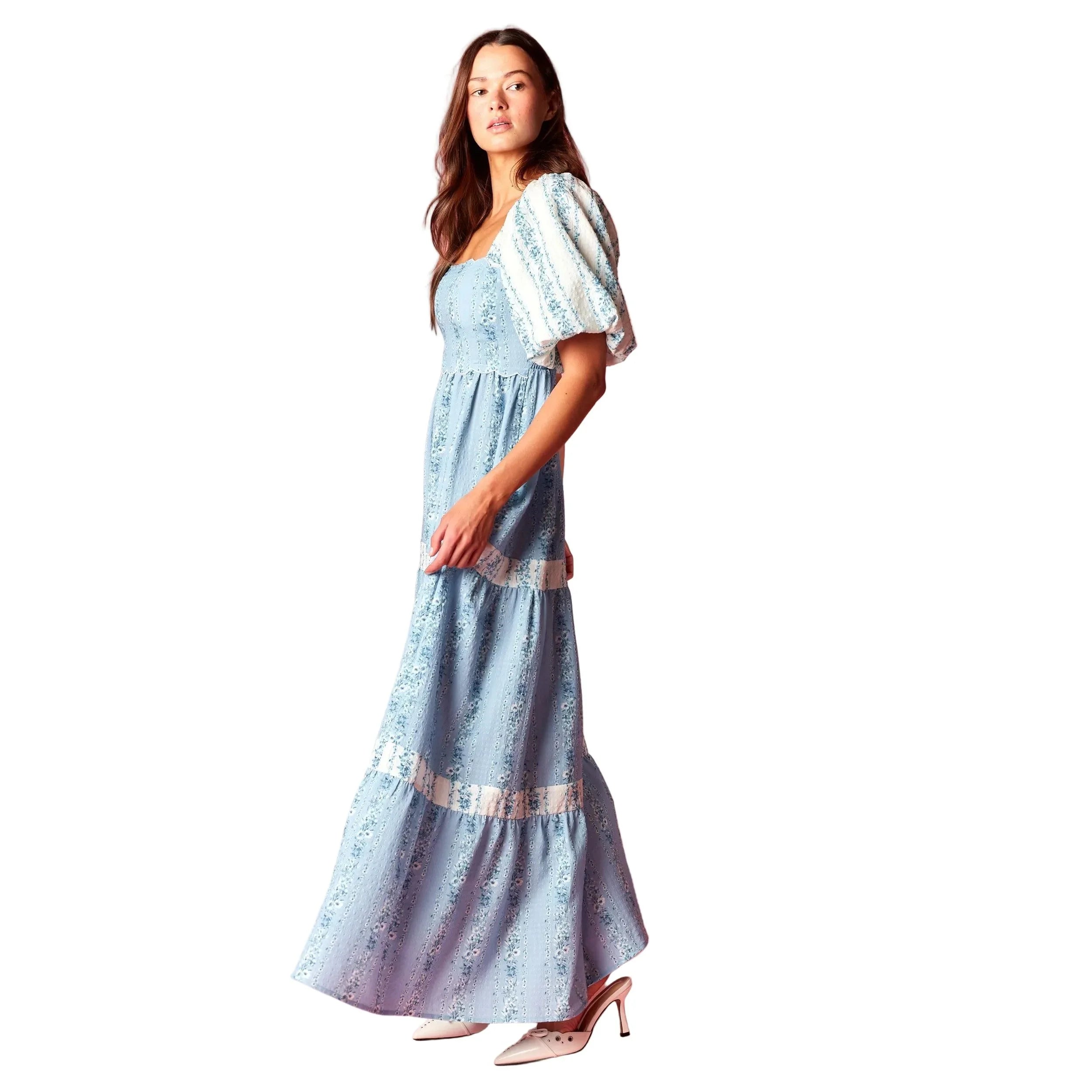 Women's Blue Floral Scallop Bodice Maxi Dress R30789D