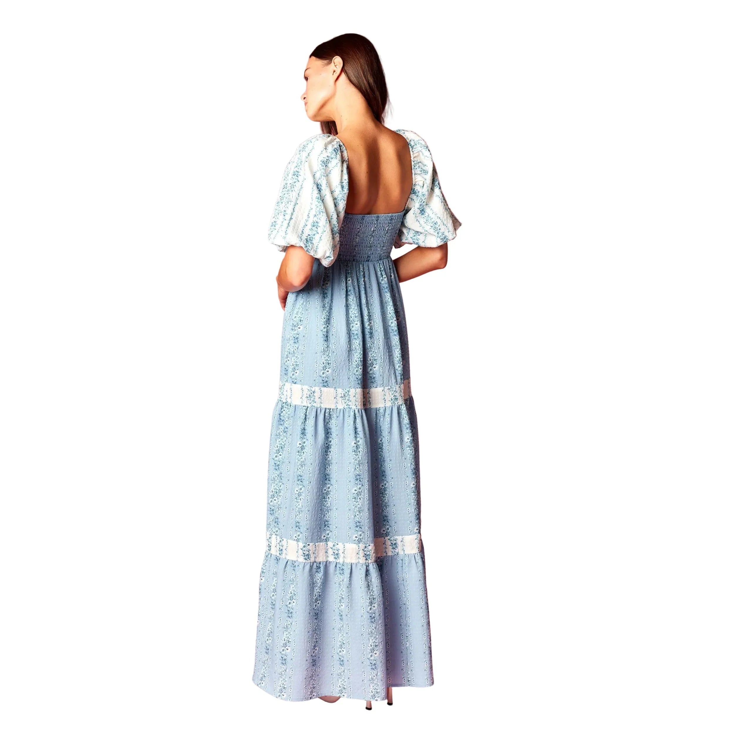 Women's Blue Floral Scallop Bodice Maxi Dress R30789D