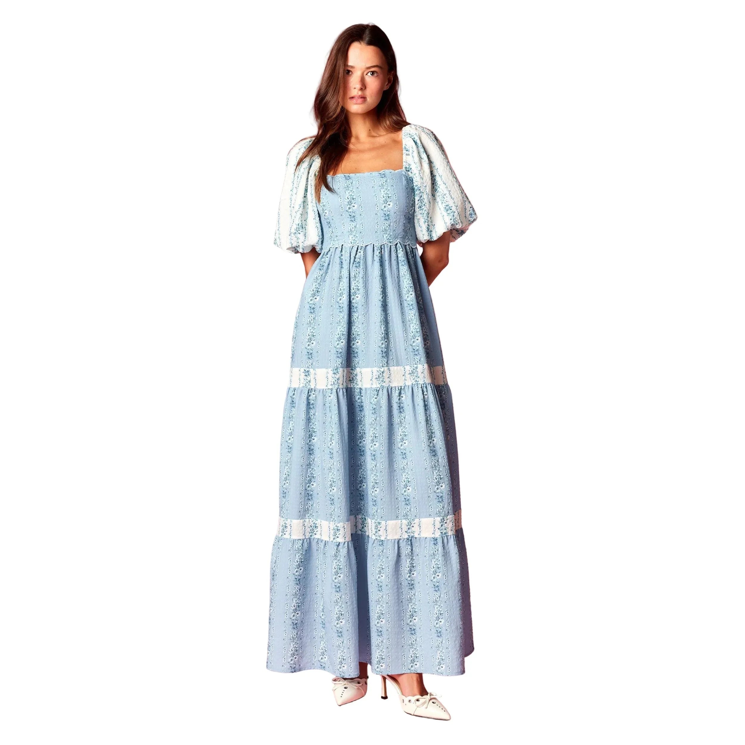 Women's Blue Floral Scallop Bodice Maxi Dress R30789D