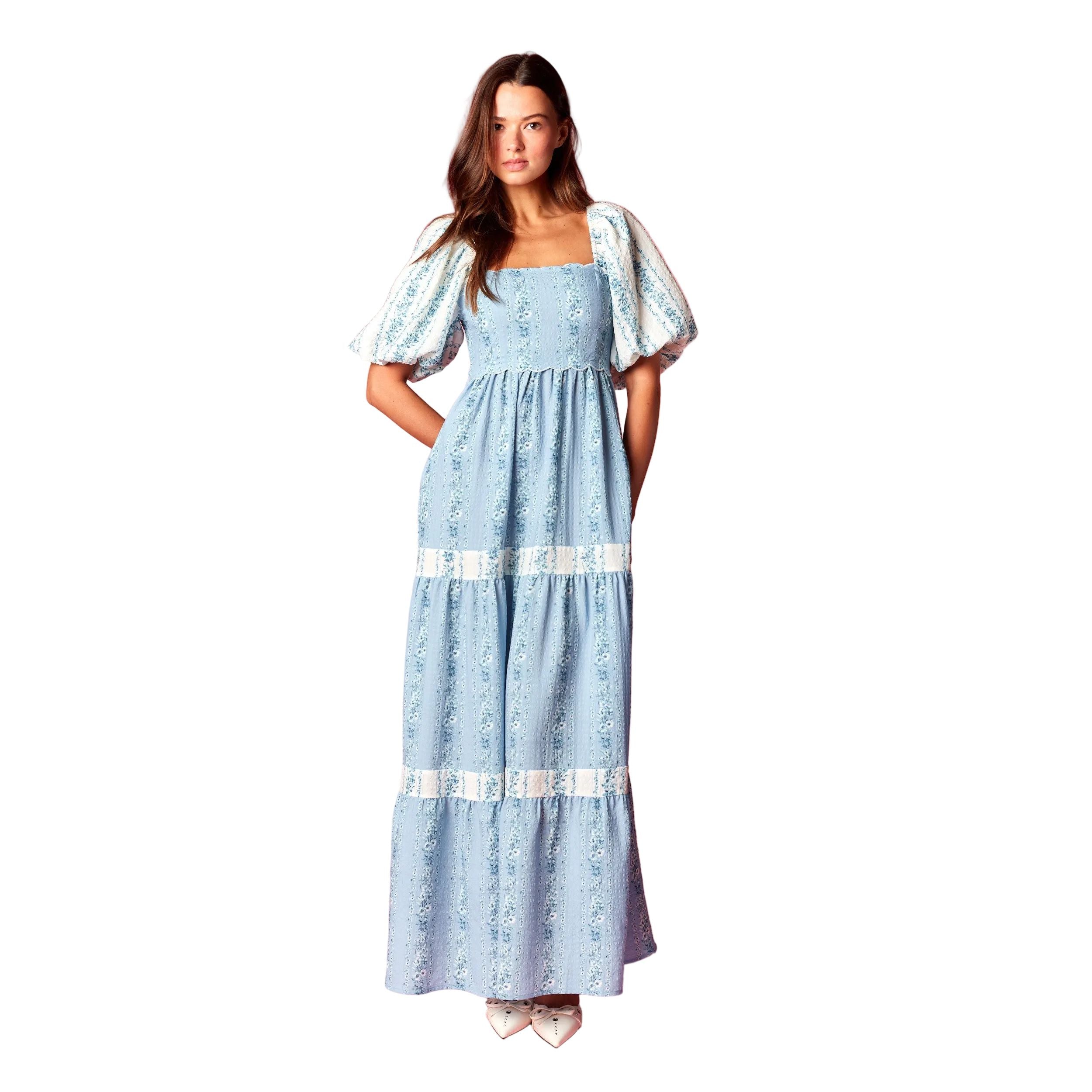 Women's Blue Floral Scallop Bodice Maxi Dress R30789D