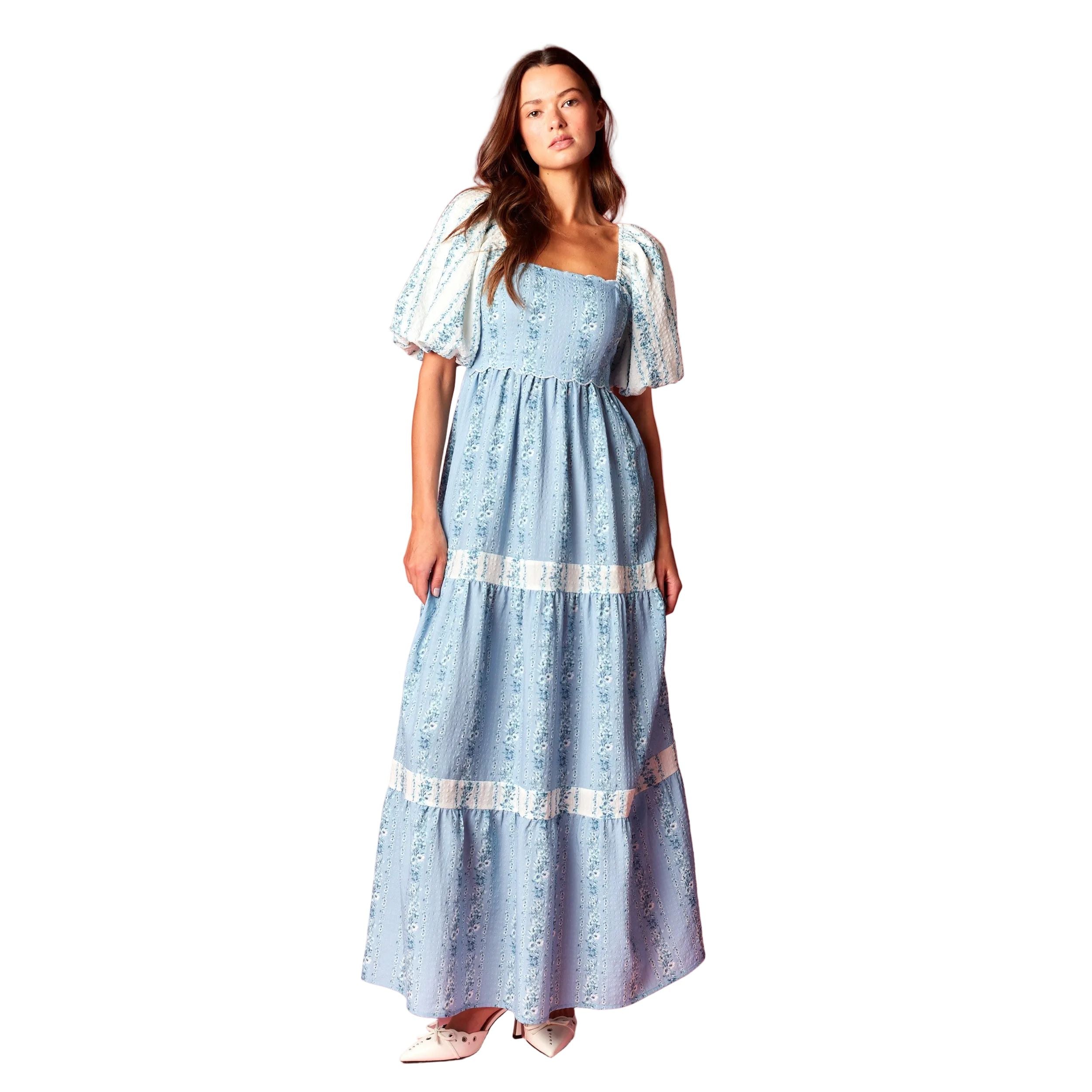 Women's Blue Floral Scallop Bodice Maxi Dress R30789D
