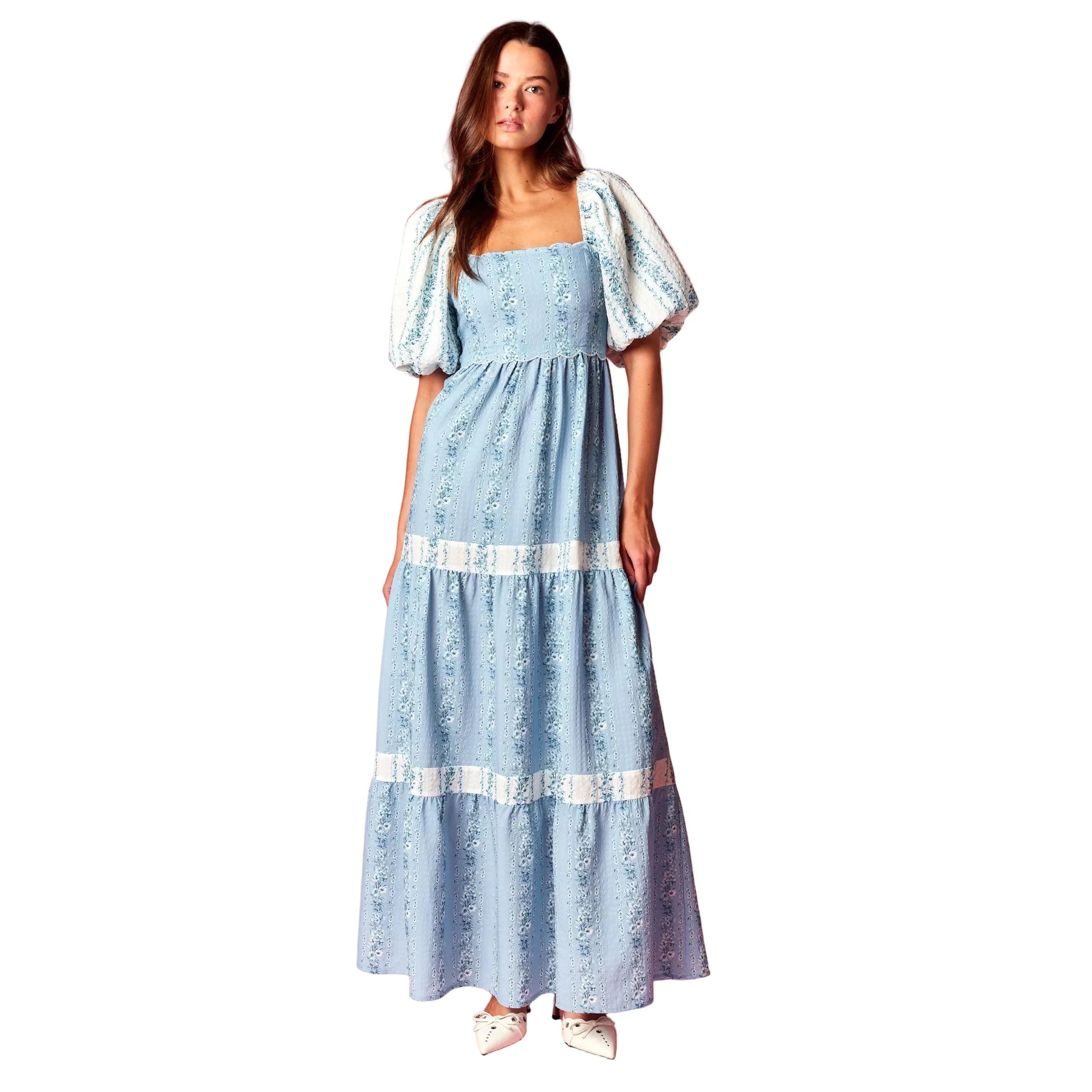 Women's Blue Floral Scallop Bodice Maxi Dress R30789D