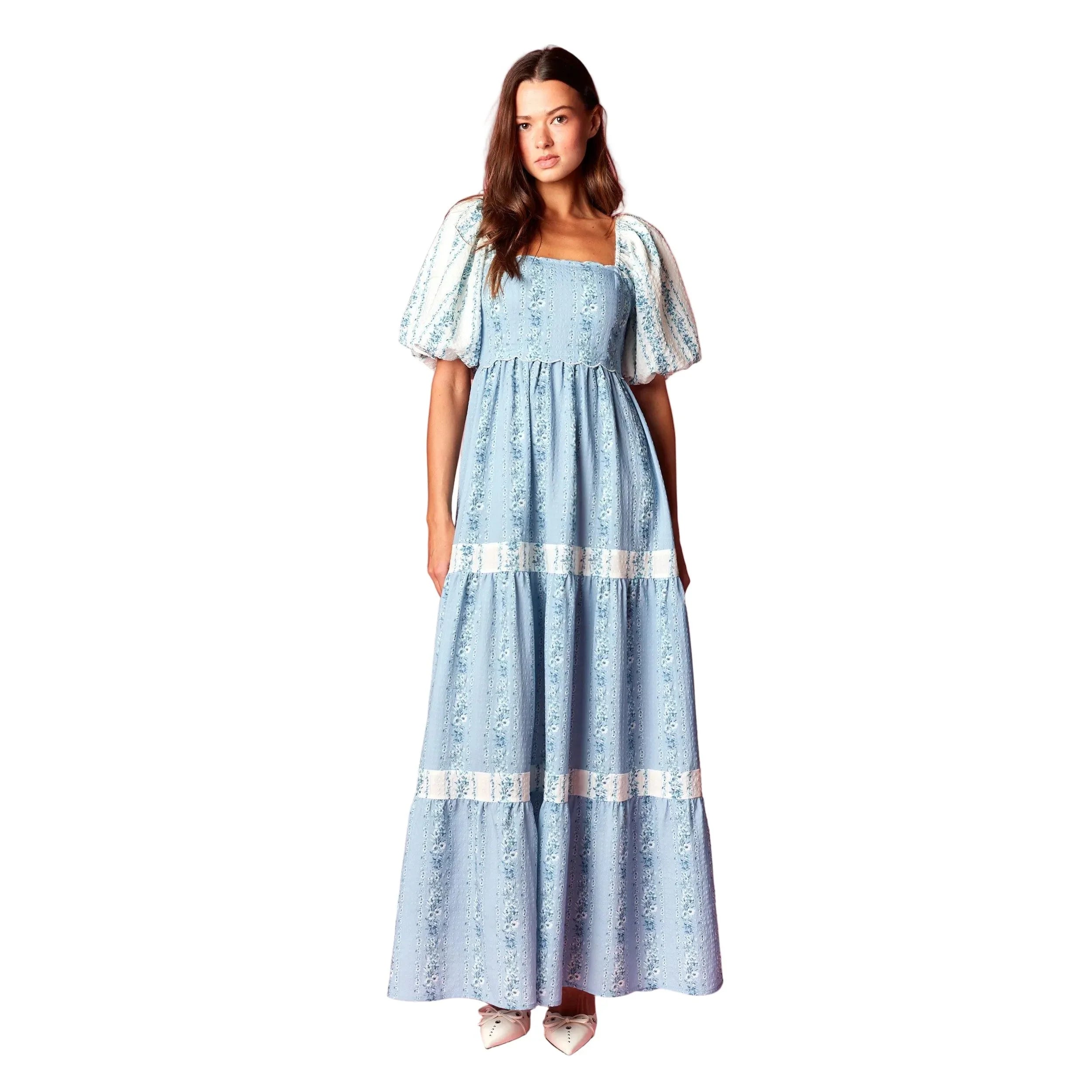 Women's Blue Floral Scallop Bodice Maxi Dress R30789D