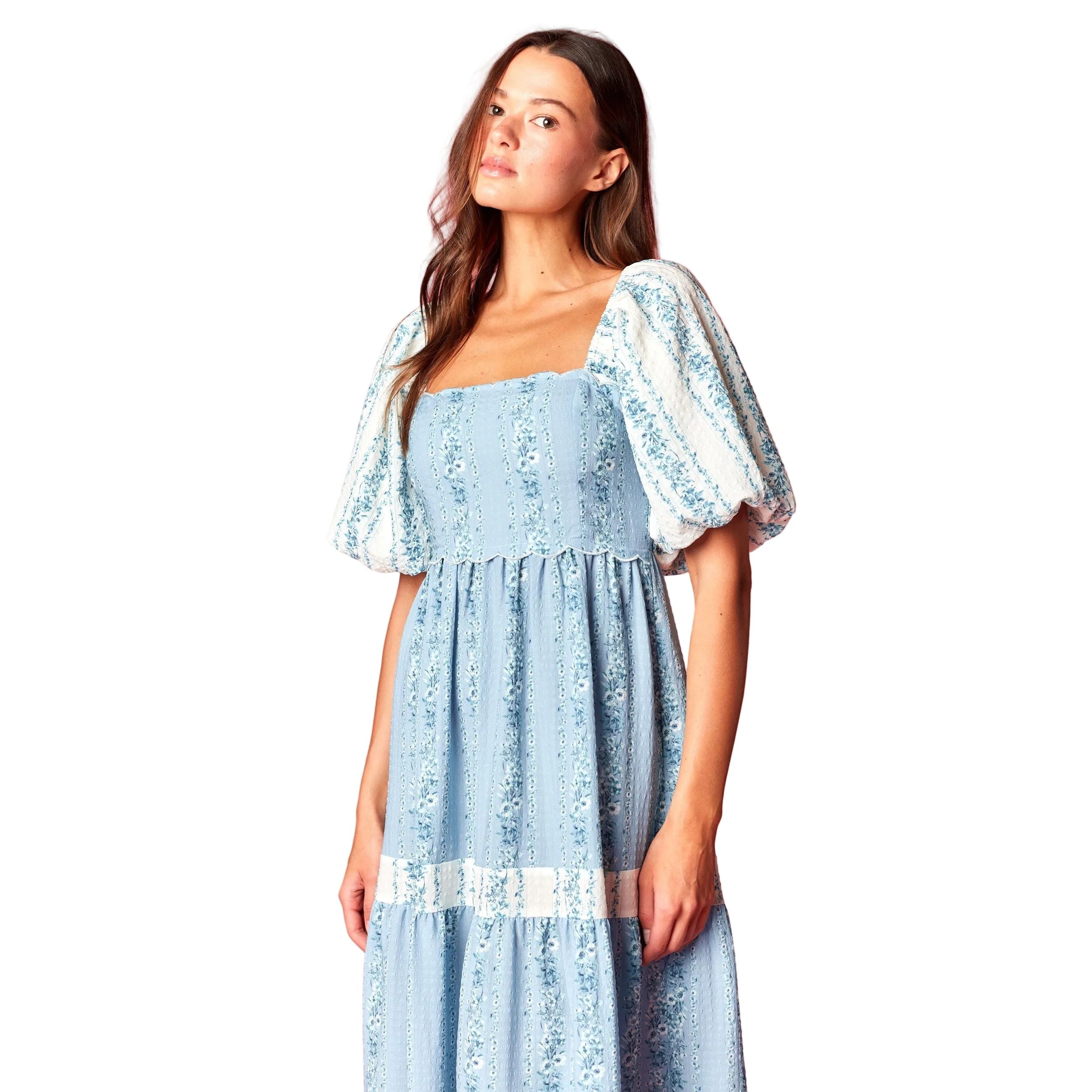 Women's Blue Floral Scallop Bodice Maxi Dress R30789D