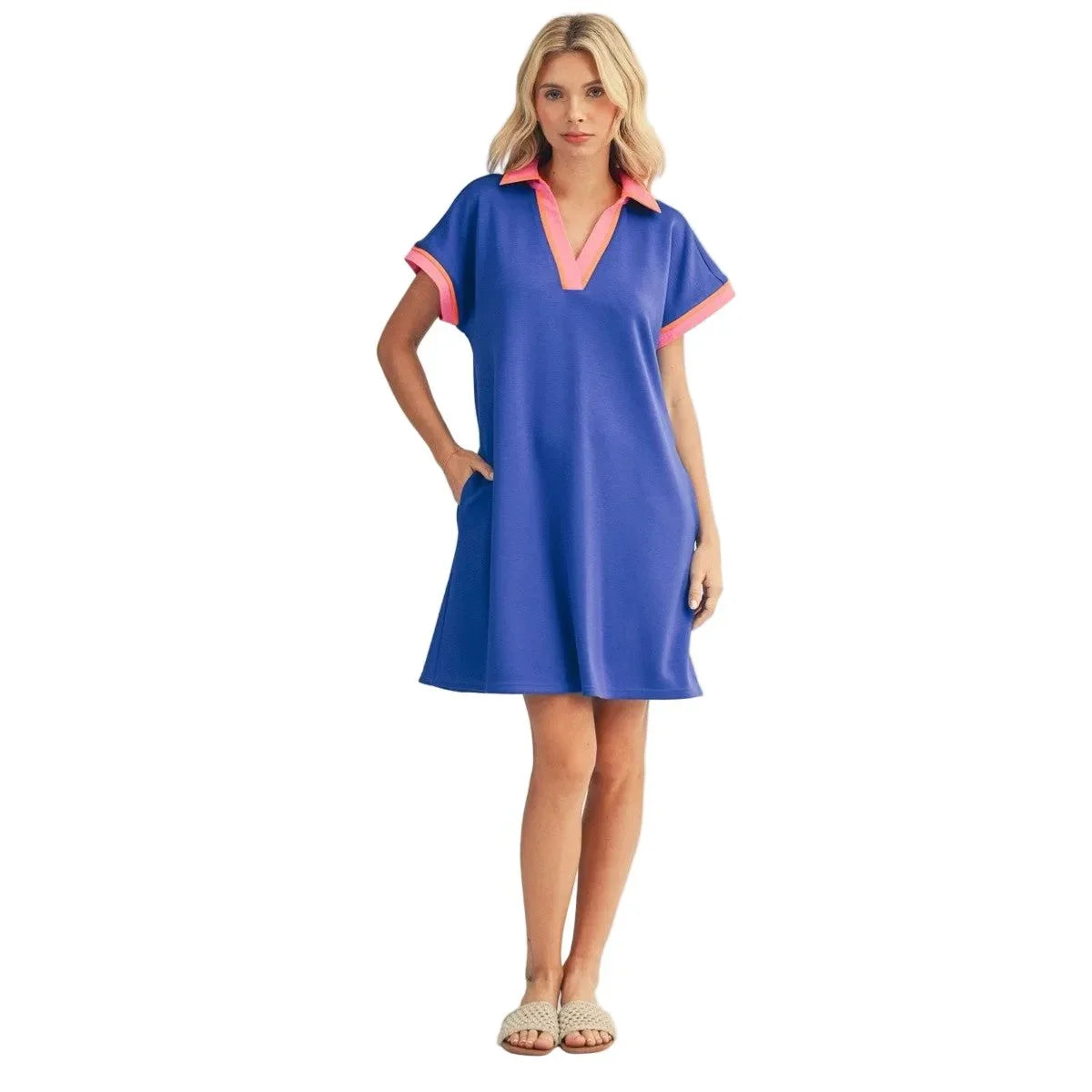 Women's Blue Mix Contrast Accent Solid Casual Dress M50814-ROYAL