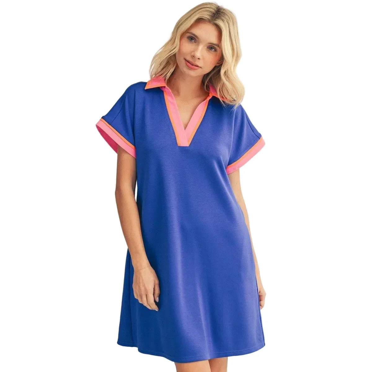 Women's Blue Mix Contrast Accent Solid Casual Dress M50814-ROYAL