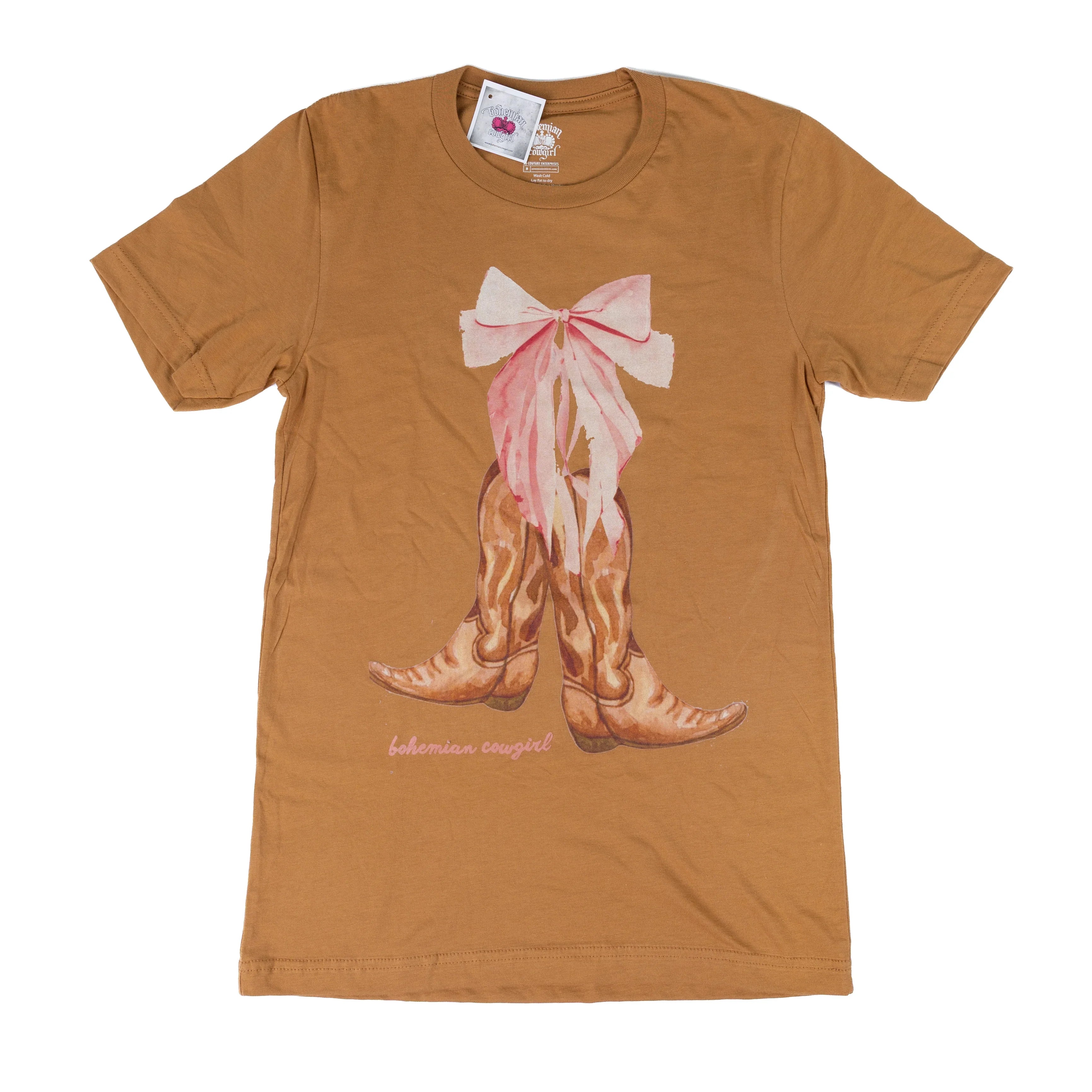Women's Bohemian Cowgirl Brown Short Sleeve Boots & Bow T-shirt