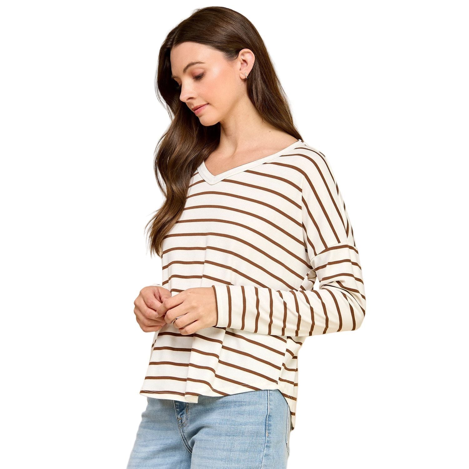 Women's Brown and White Striped V-neck Knit Top T1692