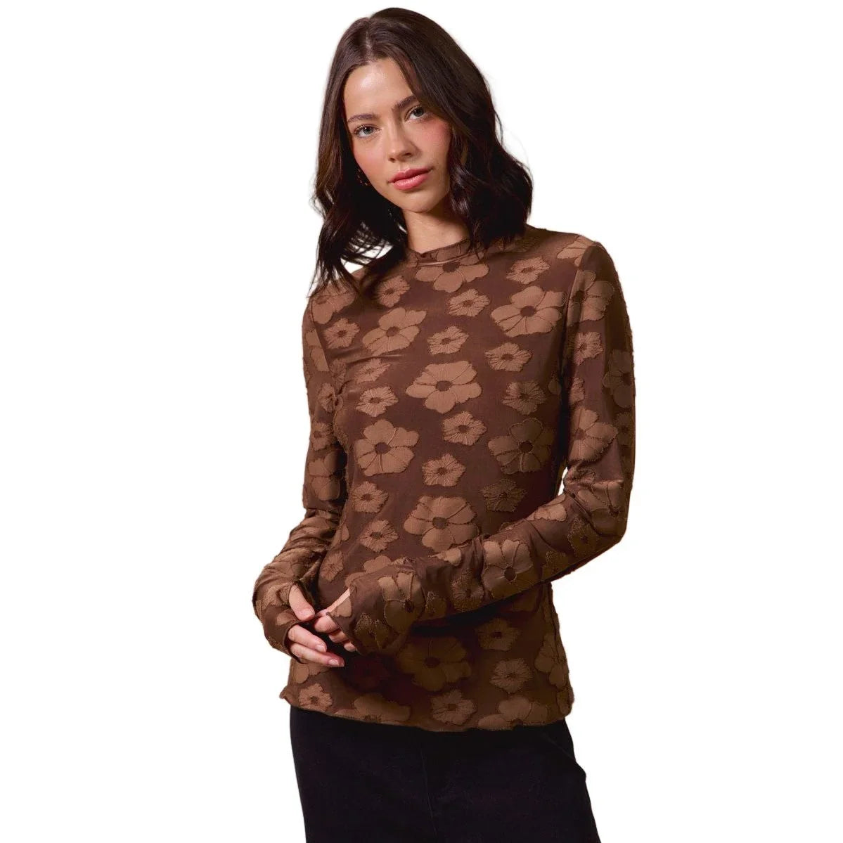 Women's Brown Floral Stretched Jacquard Top