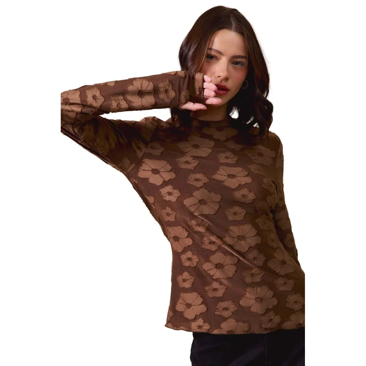 Women's Brown Floral Stretched Jacquard Top