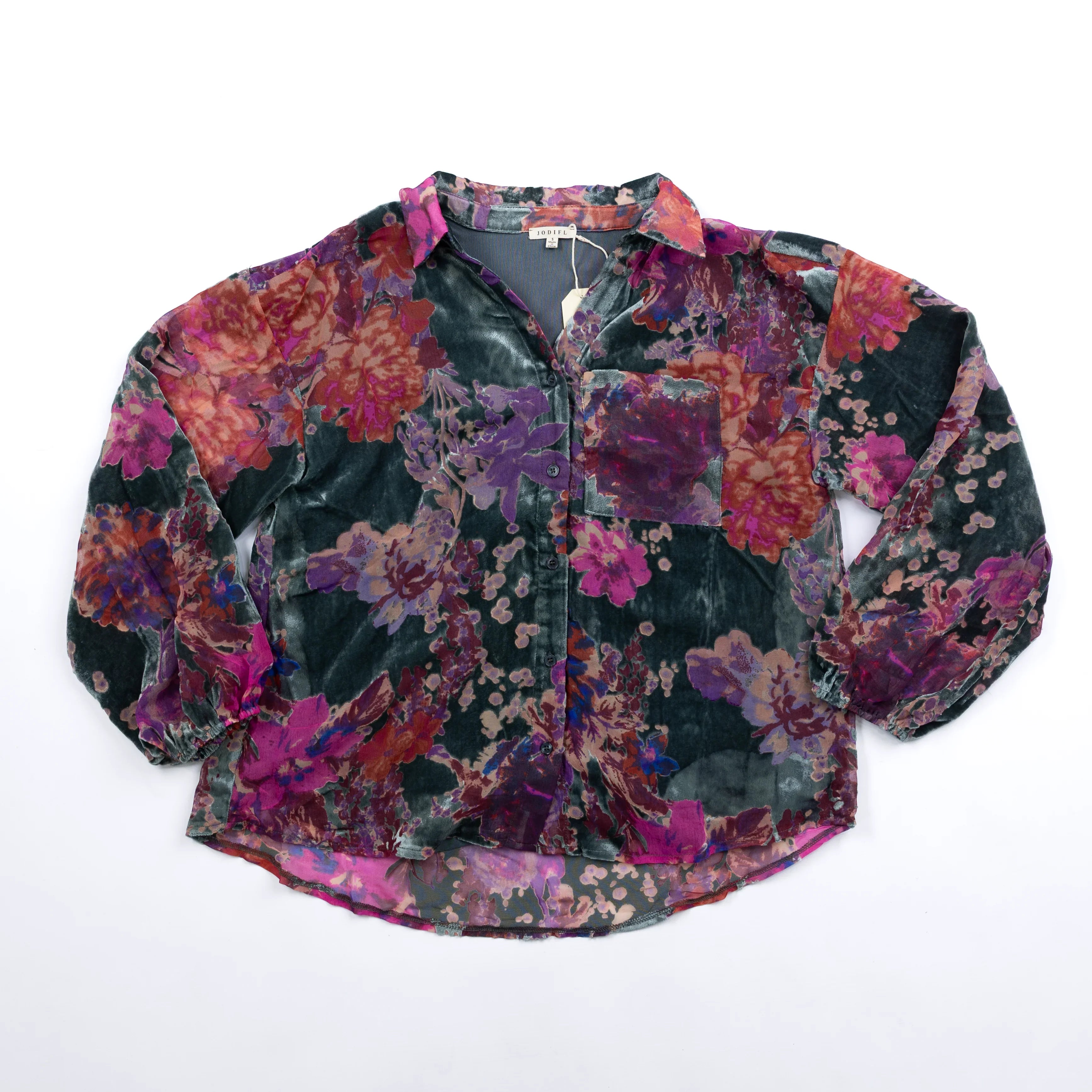 Women's Button Down Floral Velvet Jacquard Top G12058