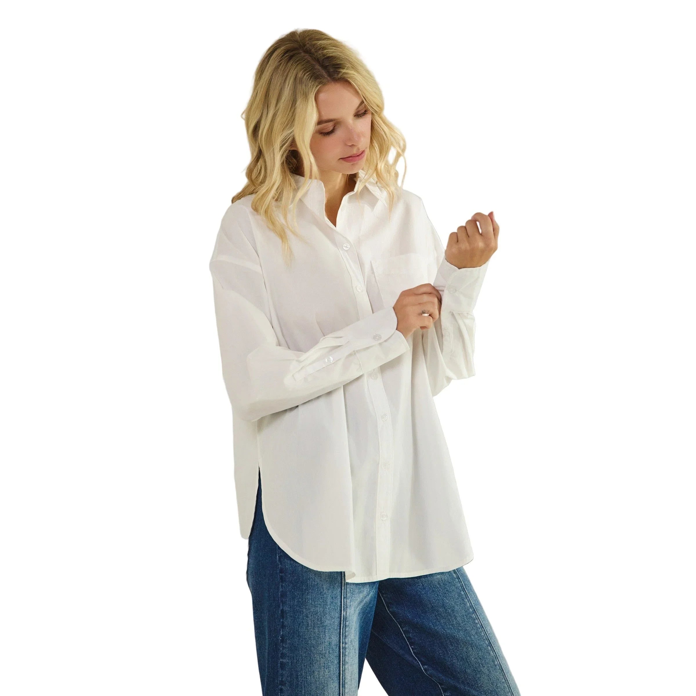Women's Button Down High-low And Slide Slits Cotton Shirt