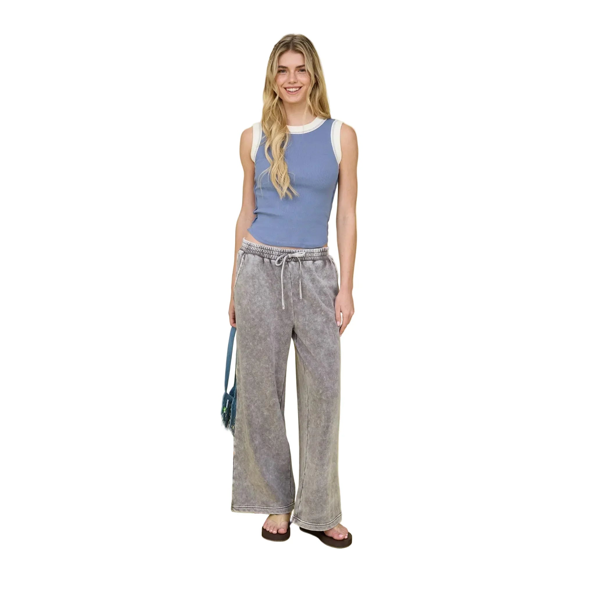 Women's Charcoal Washed Wide Leg Drawstring Lounge Pants J5FP1005-CHAR