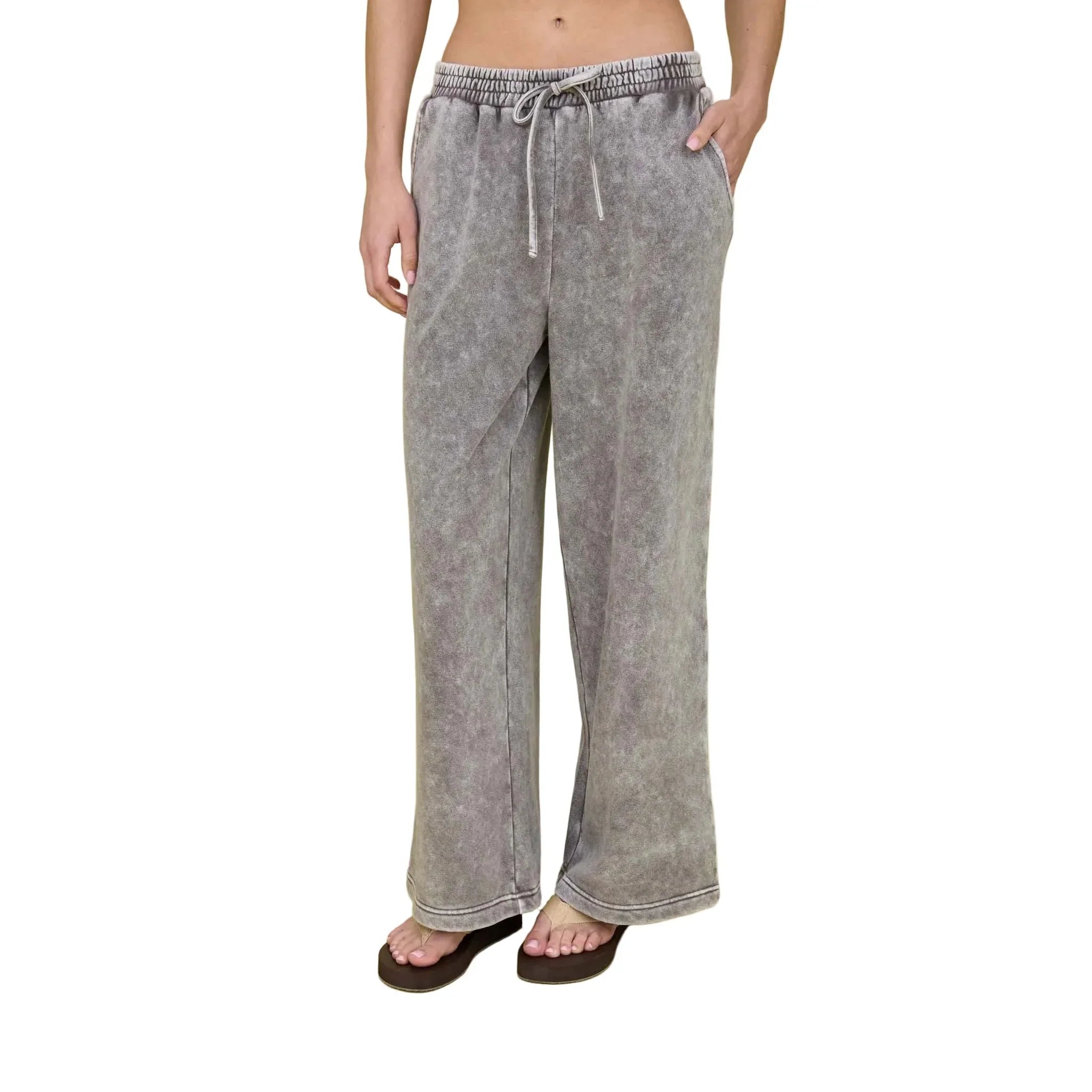 Women's Charcoal Washed Wide Leg Drawstring Lounge Pants J5FP1005-CHAR