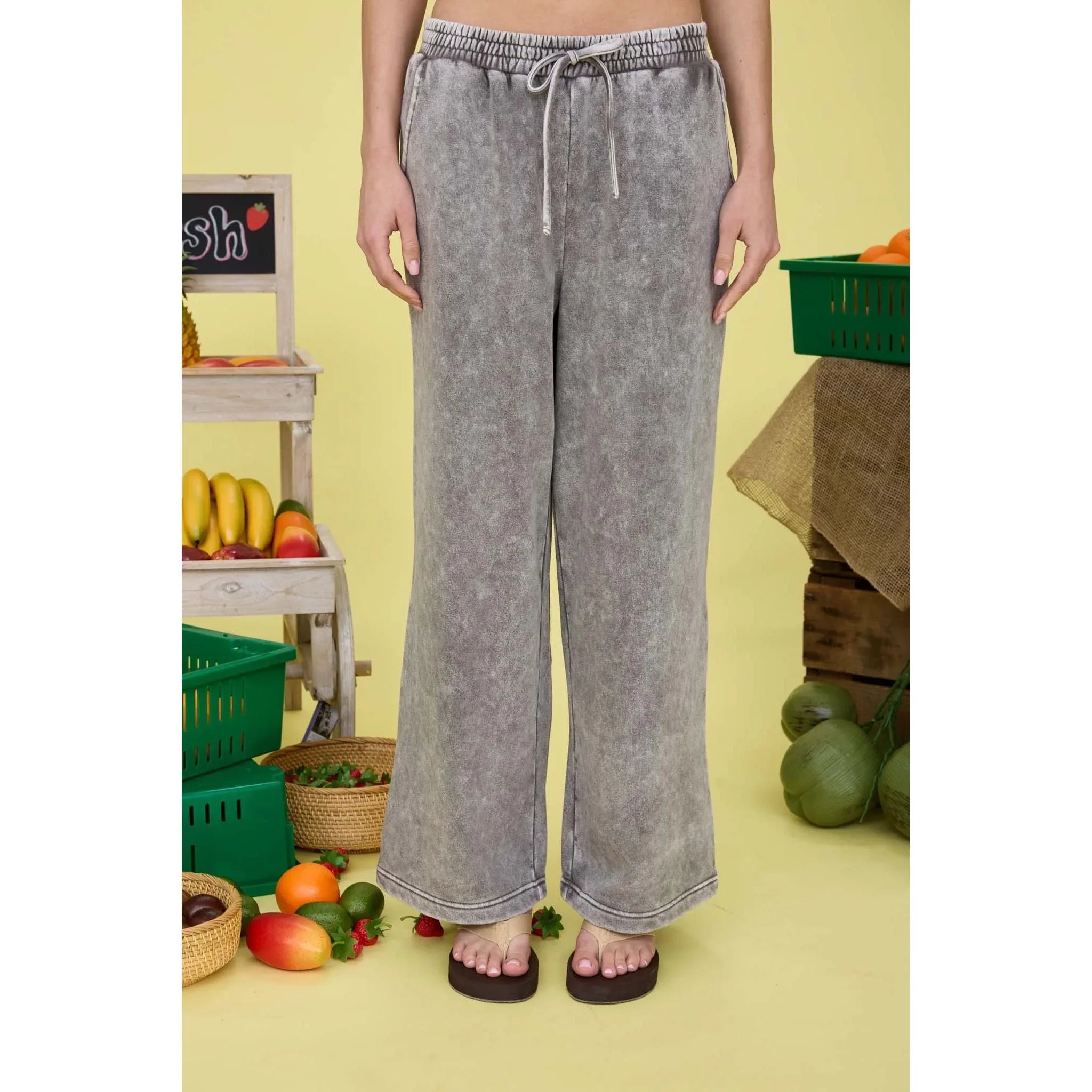 Women's Charcoal Washed Wide Leg Drawstring Lounge Pants J5FP1005-CHAR