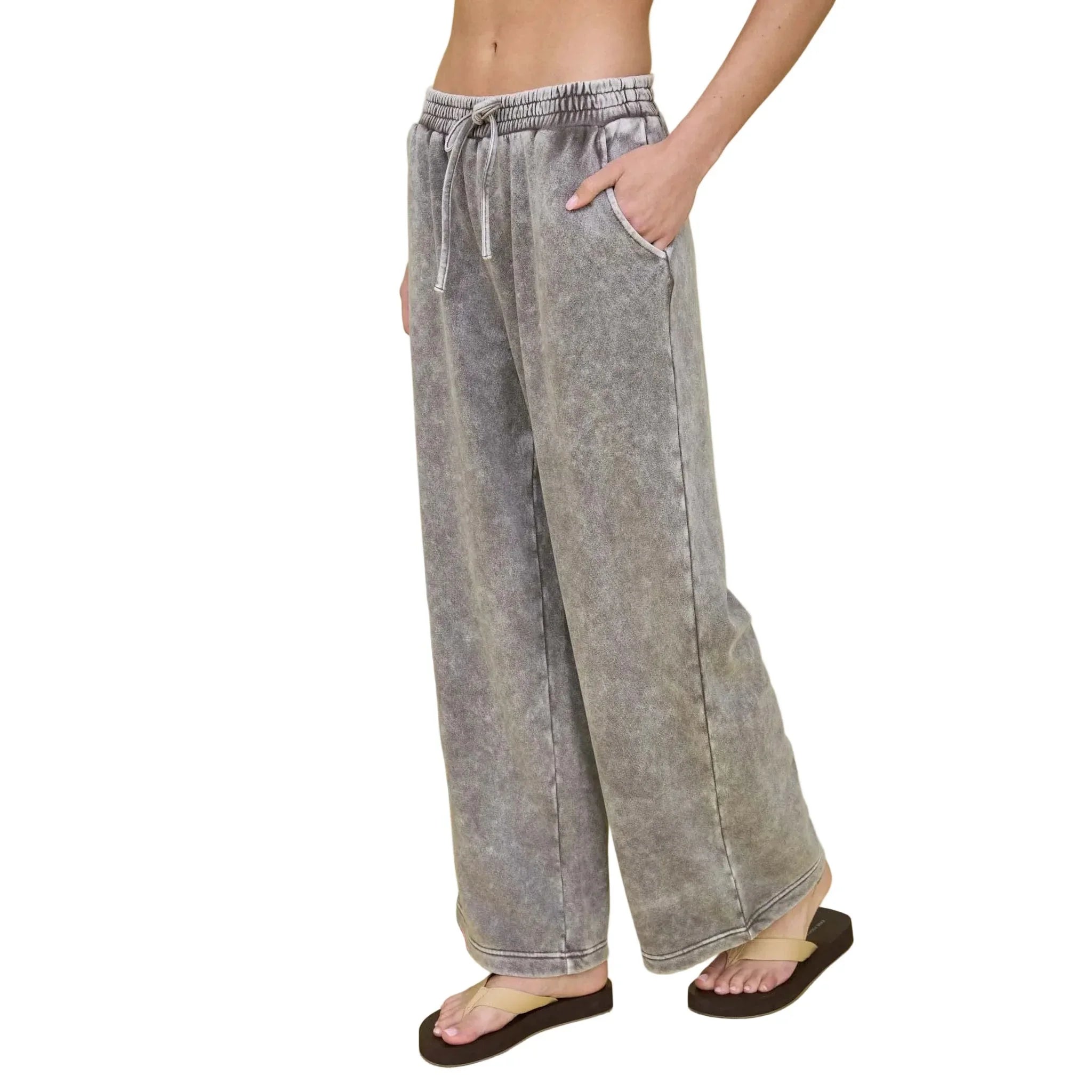 Women's Charcoal Washed Wide Leg Drawstring Lounge Pants J5FP1005-CHAR