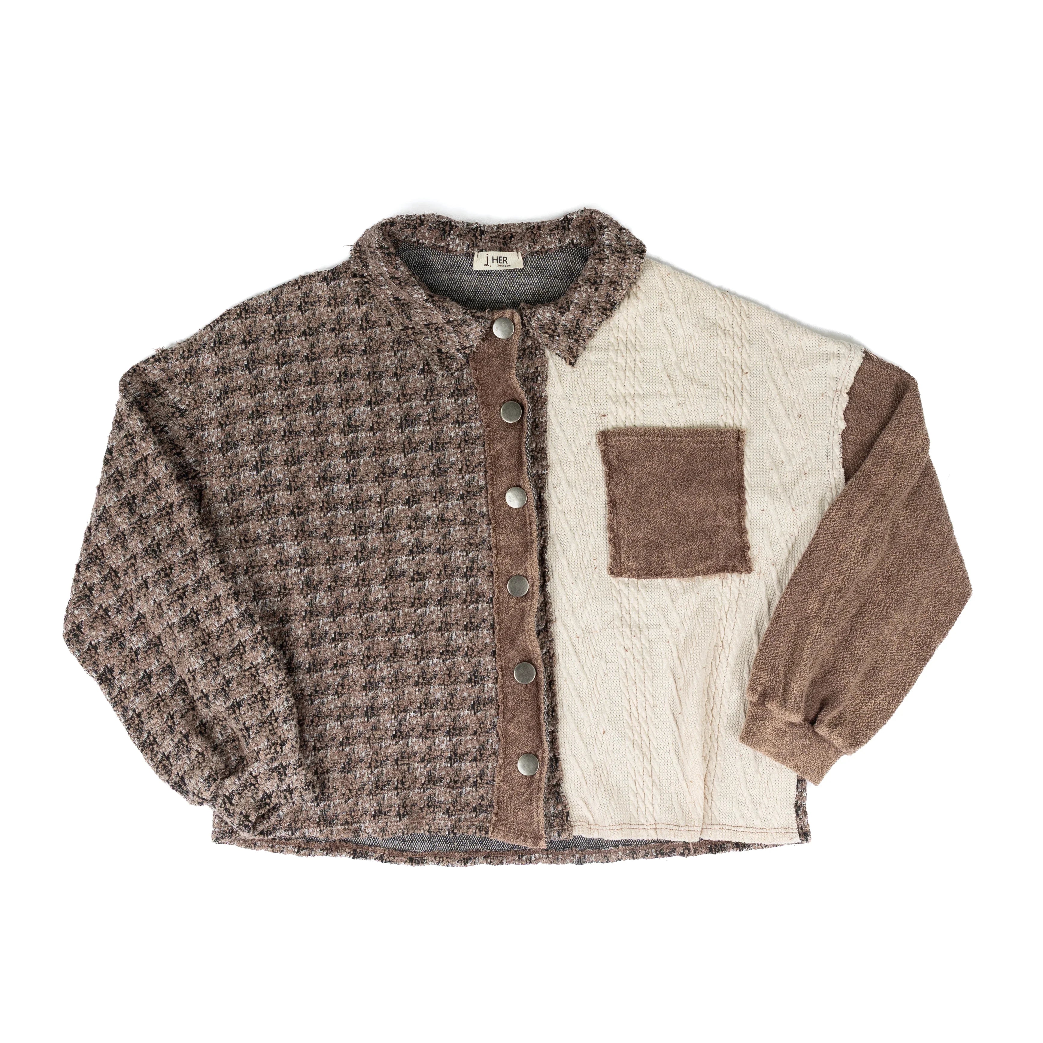 Women's Chocolate Mineral Washed Tweed Sweater Detail Shacket HT6763