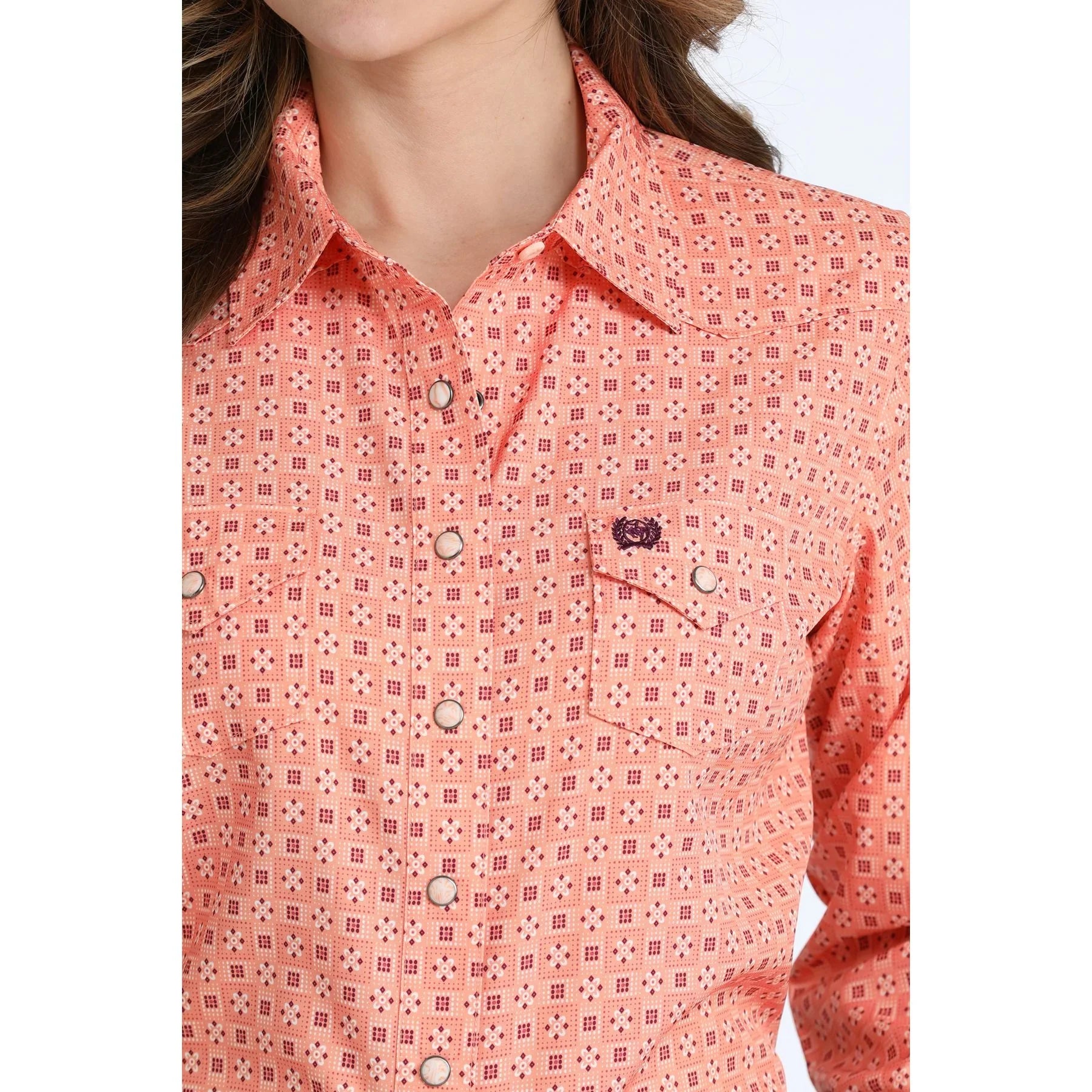 Women's Cinch Coral Geometric Long Sleeve Snap Shirt MSW9206007