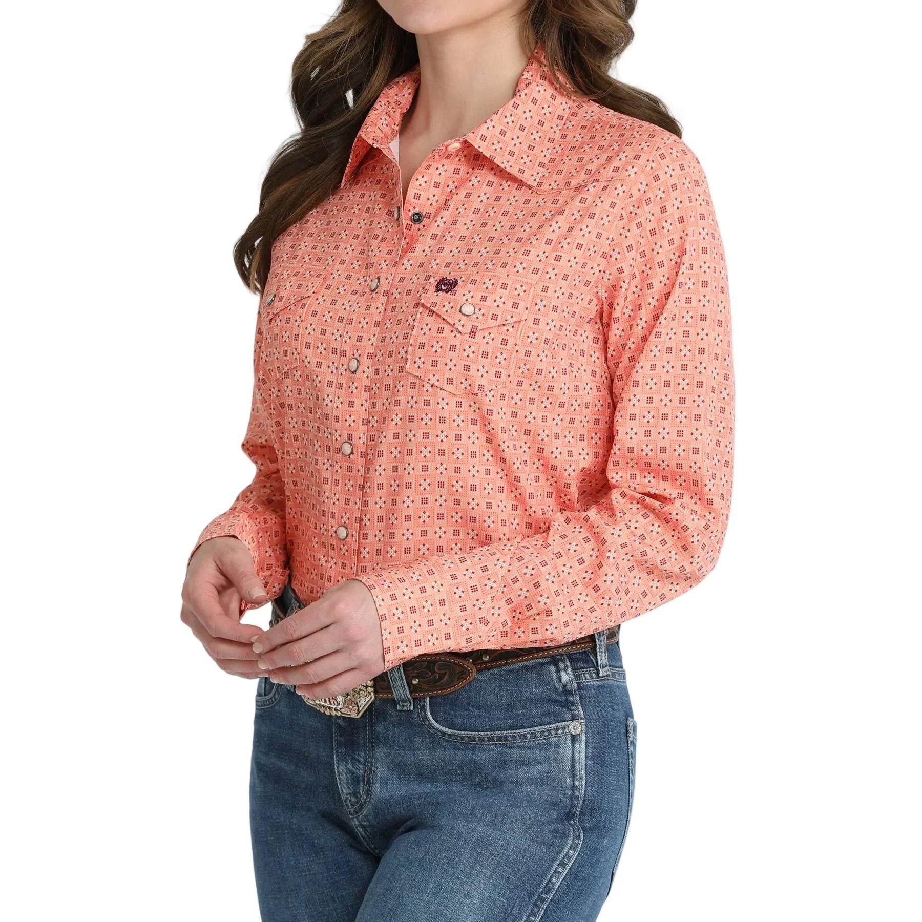 Women's Cinch Coral Geometric Long Sleeve Snap Shirt MSW9206007