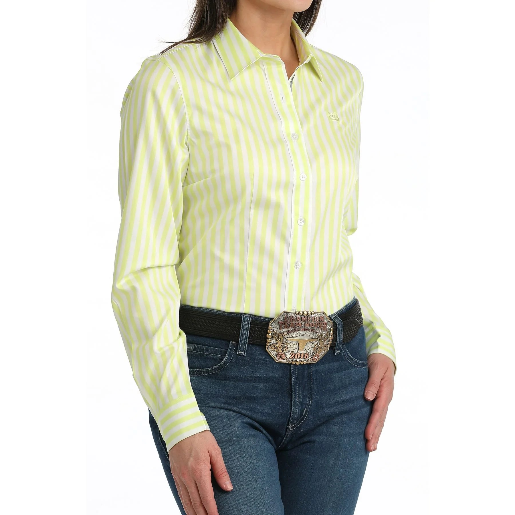 Women's Cinch Long Sleeve Lime and White Striped Button Up MSW9165087
