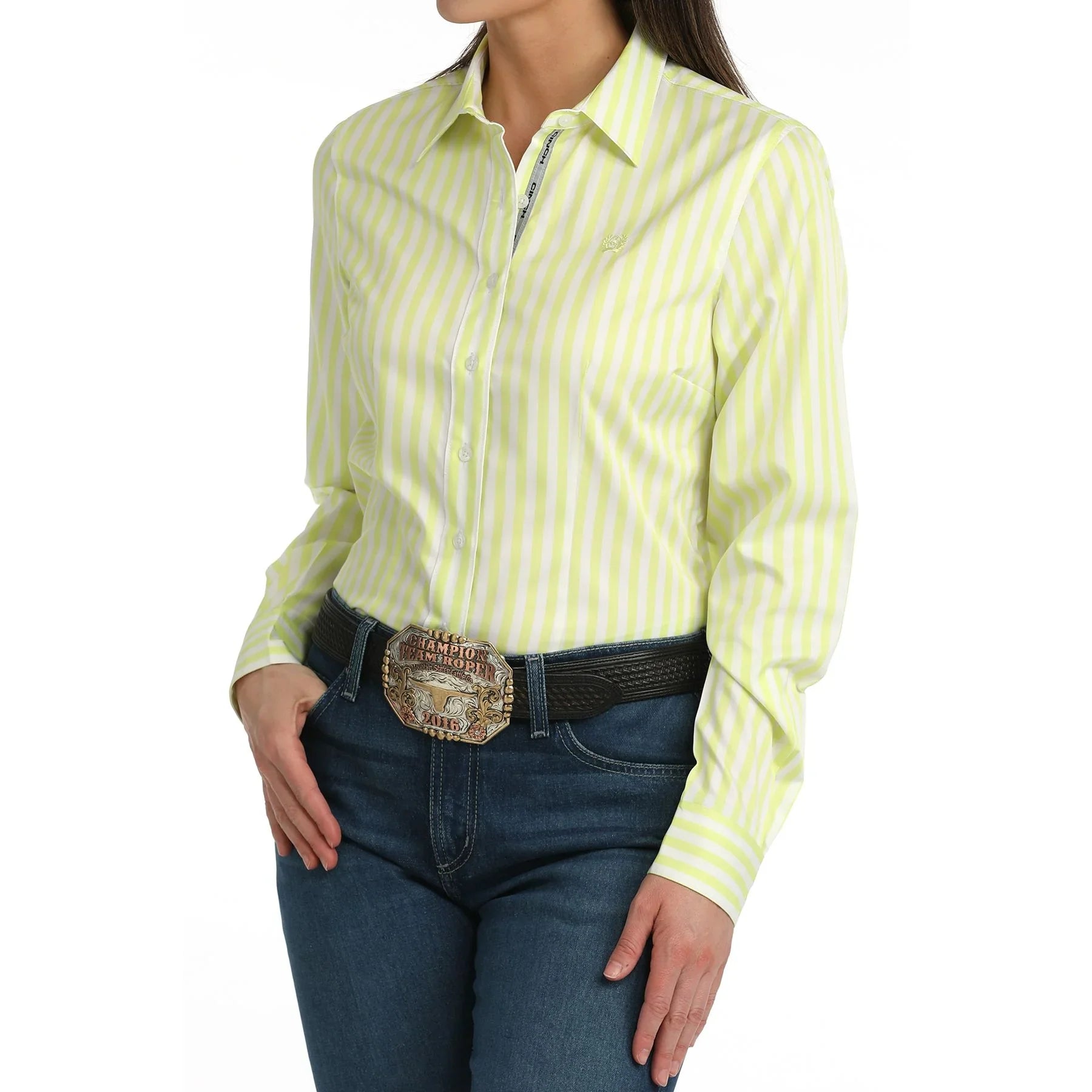 Women's Cinch Long Sleeve Lime and White Striped Button Up MSW9165087
