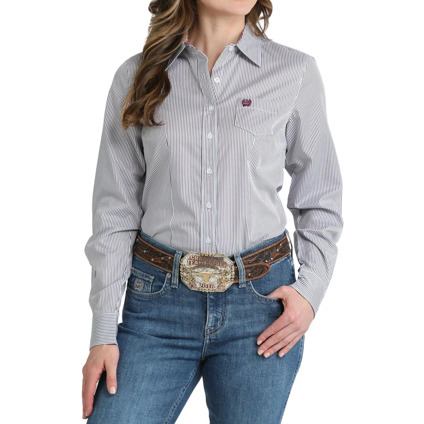 Women's Cinch Long Sleeve White Striped Button Up Shirt MSW9164271