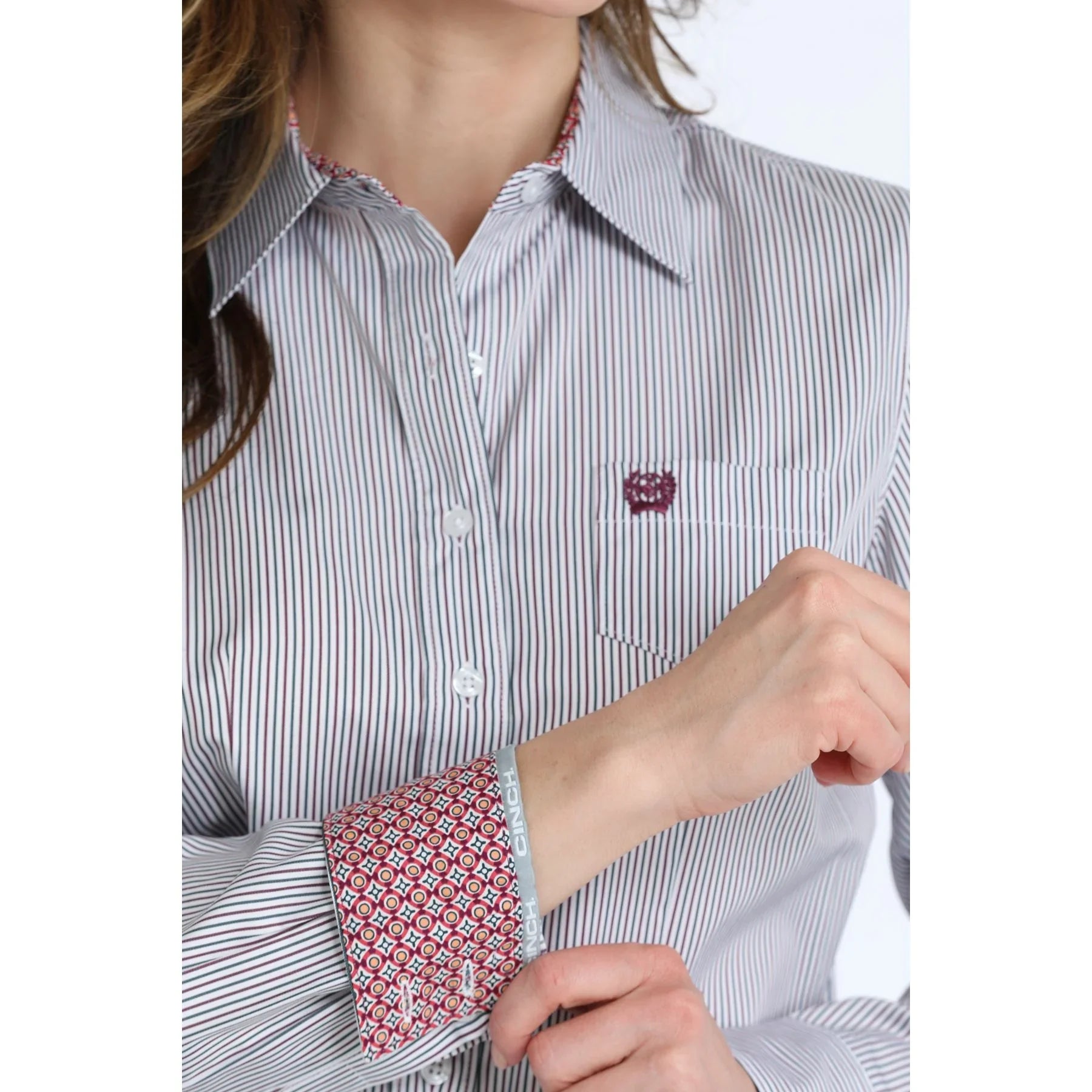 Women's Cinch Long Sleeve White Striped Button Up Shirt MSW9164271