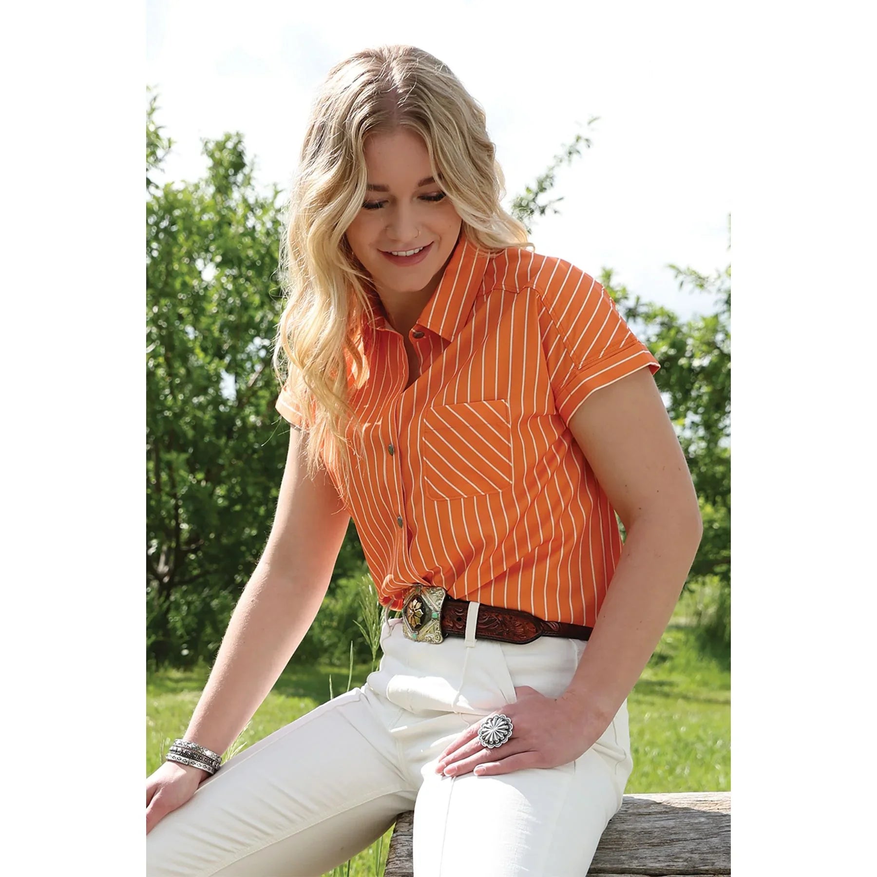 Women's Cinch Orange Striped Short Sleeve Printed Button Down Shirt CTW7163006