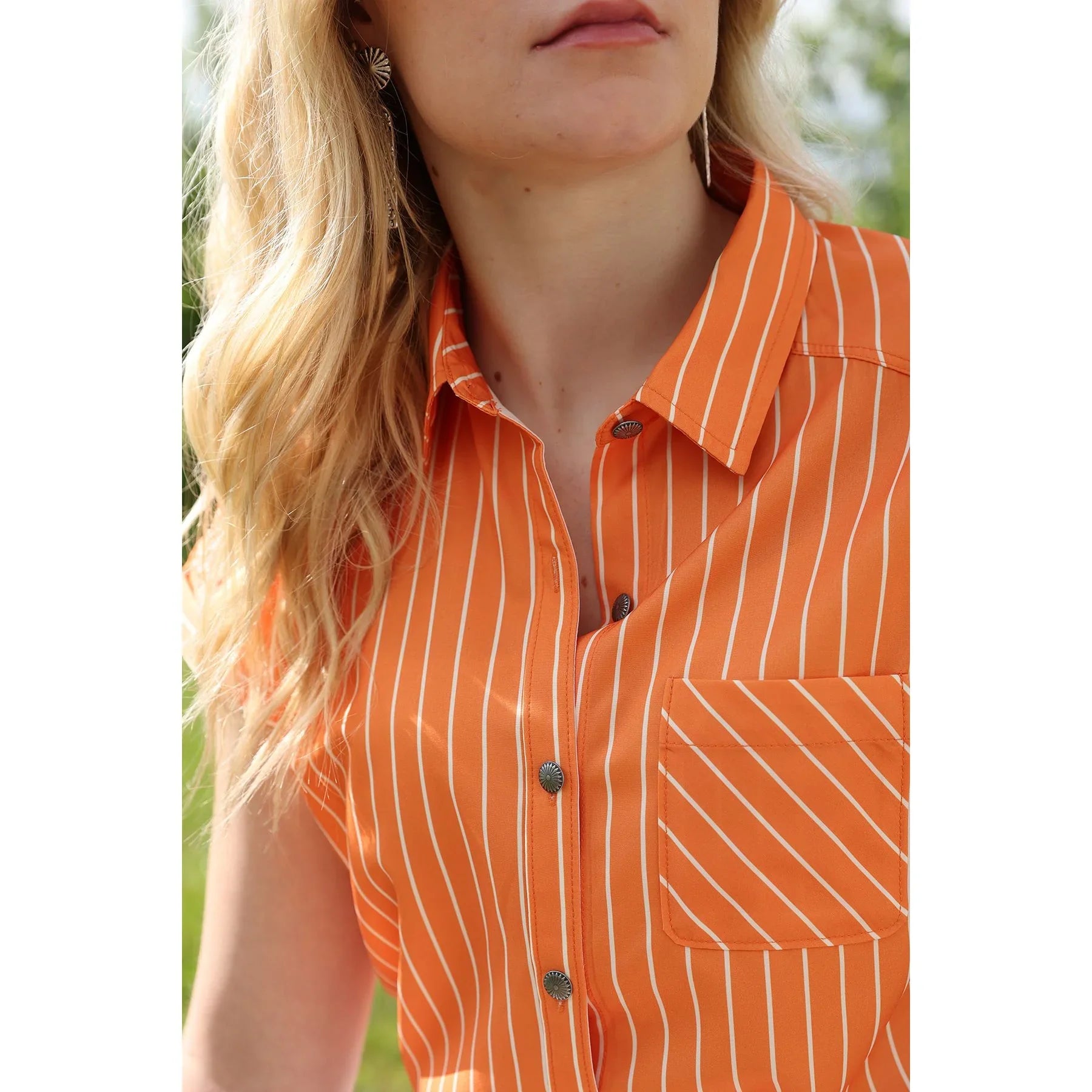 Women's Cinch Orange Striped Short Sleeve Printed Button Down Shirt CTW7163006
