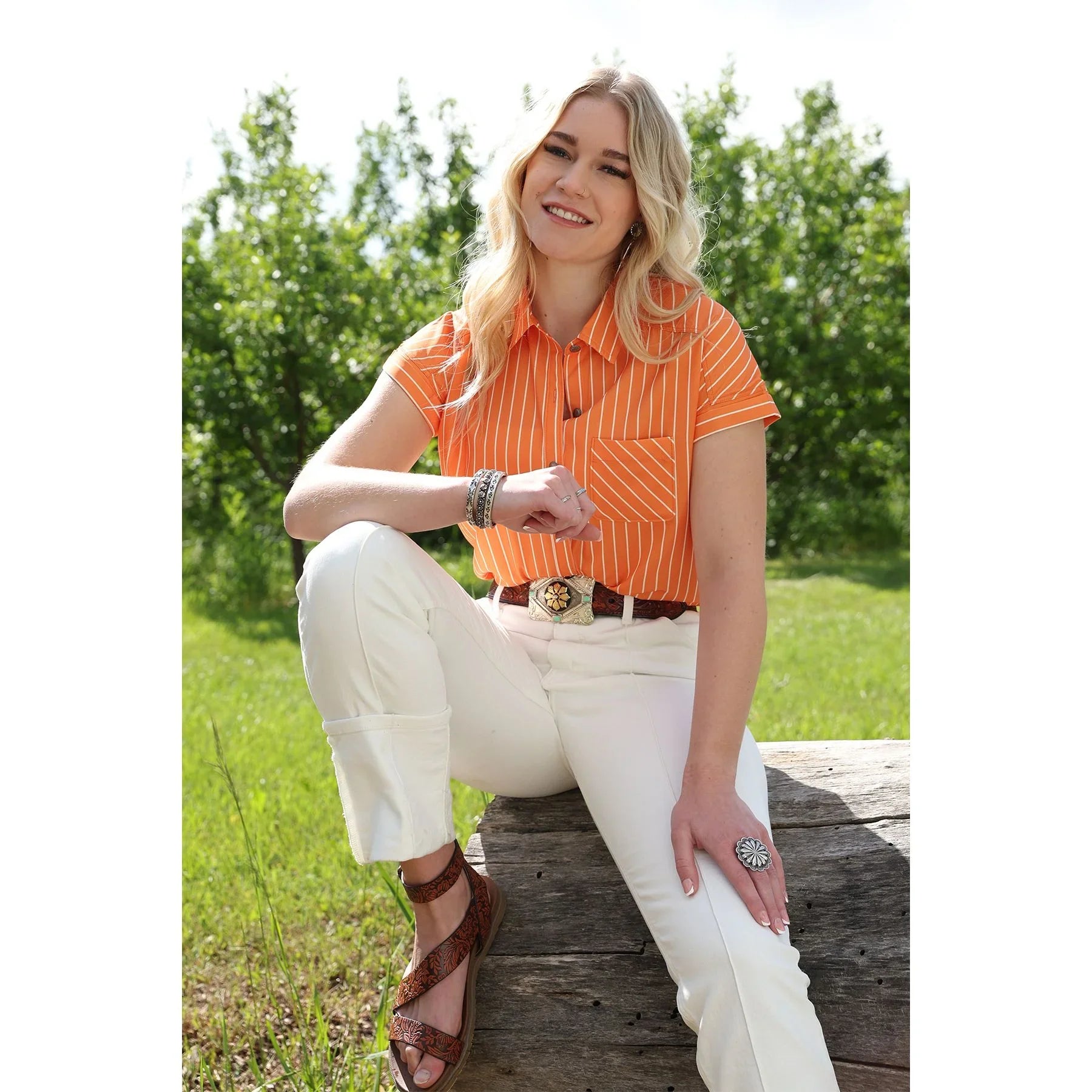 Women's Cinch Orange Striped Short Sleeve Printed Button Down Shirt CTW7163006
