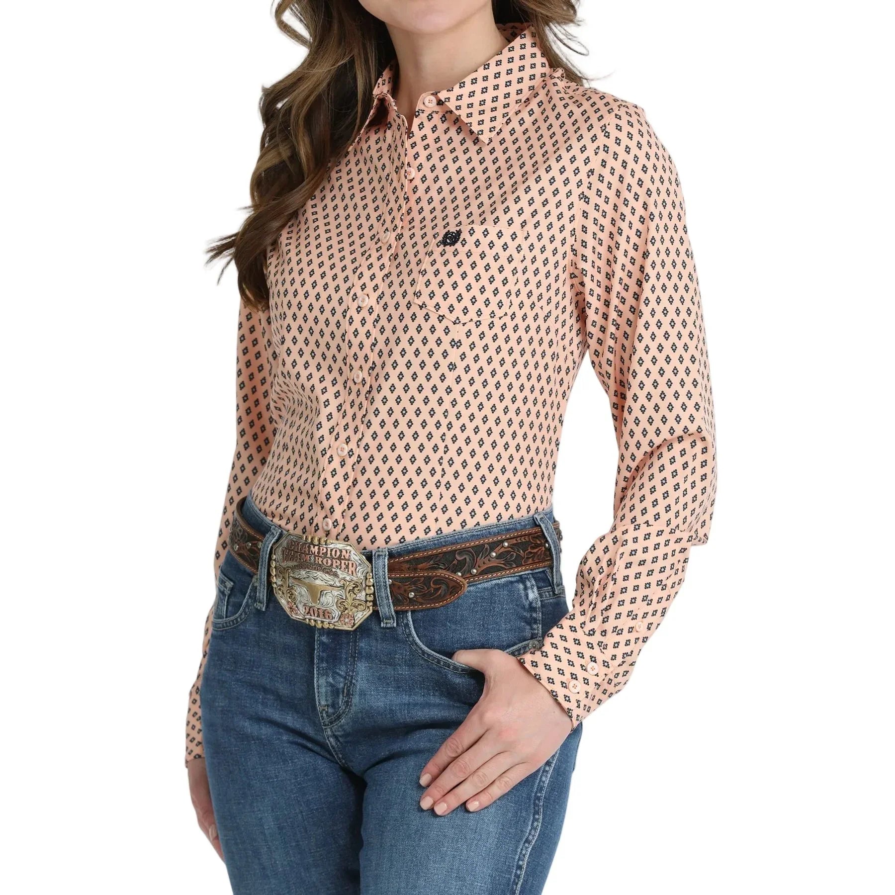 Women's Cinch Peach Print Arena Flex Long Sleeve Button Up MSW9164270