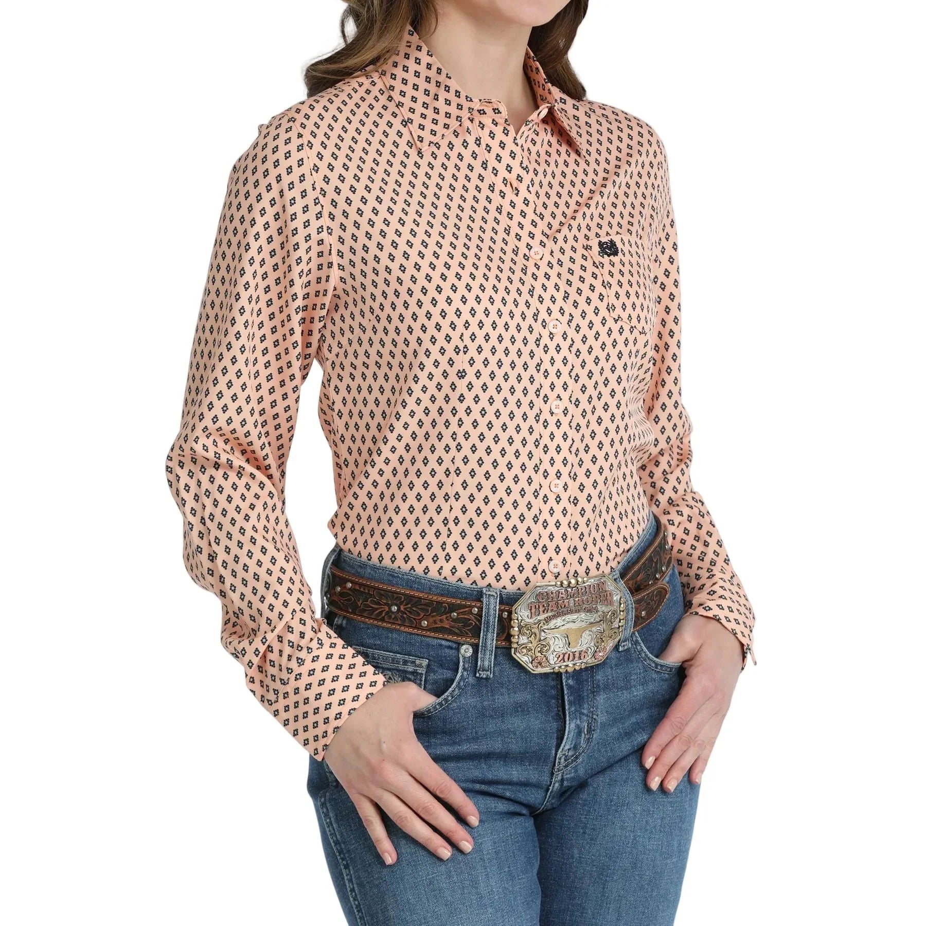 Women's Cinch Peach Print Arena Flex Long Sleeve Button Up MSW9164270