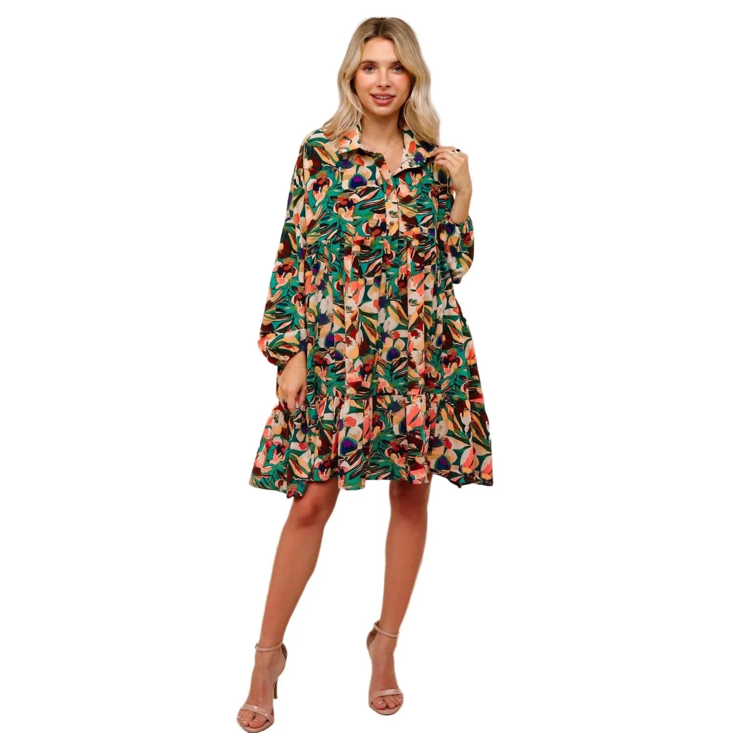 Women's Collared Floral Dress with Ruffle HD7160A